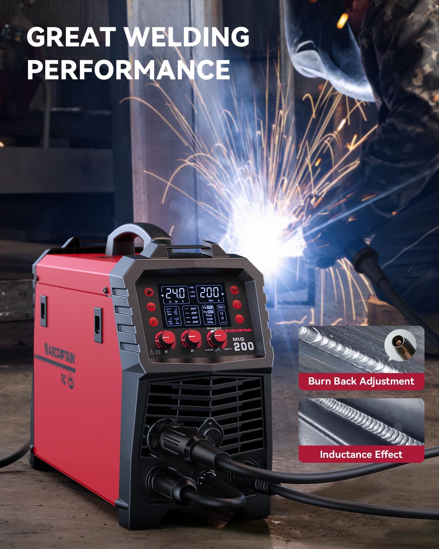 ARCCAPTAIN MIG Welder, 200Amp 6 in 1 Gas MIG/Gasless Flux Core MIG/Stick/Lift TIG/Spot welding/Spool Gun 110V/220V Aluminum Multi Process Welding Machine with LED Digital Display, Burn Back Adjustment