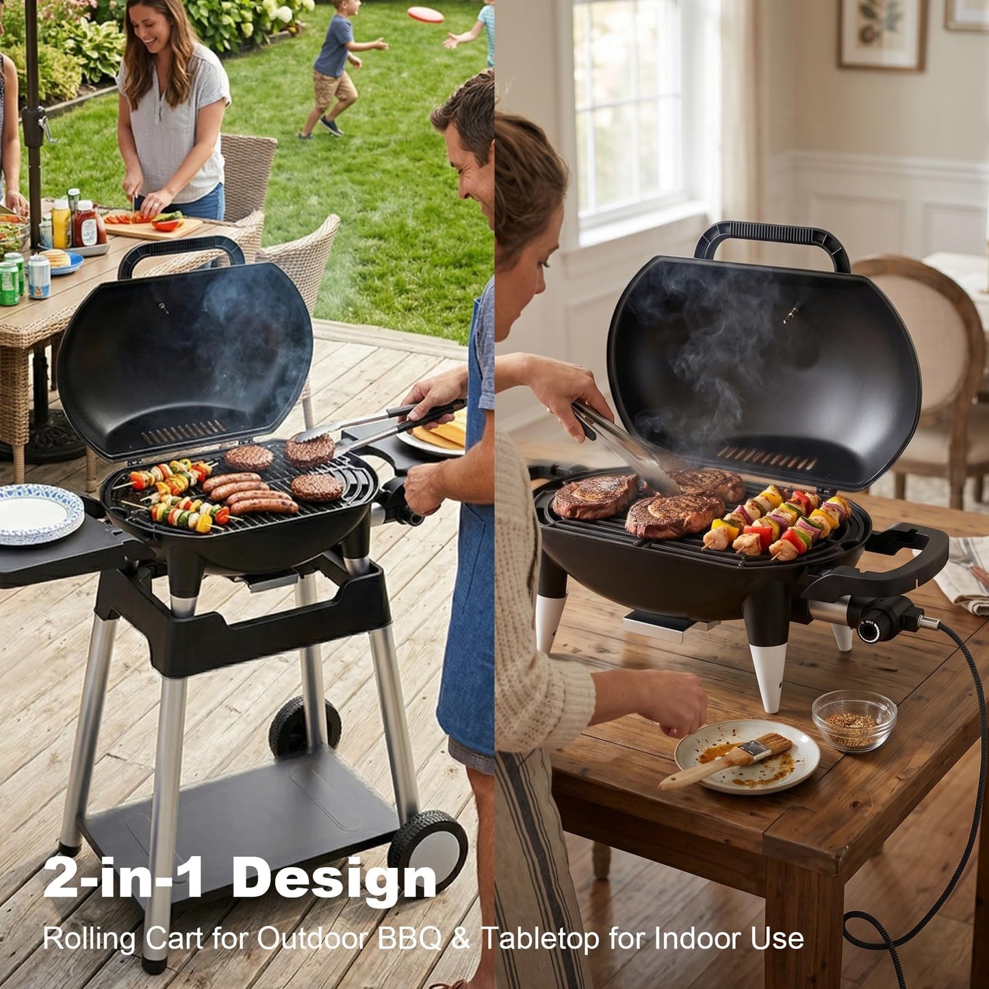 THERMORA Electric Grill Outdoor Grill, 1500W Power, 277 Sq.In Cooking Area, Removable Wheeled Cart Style, Indoor/Outdoor Eletric Grill, Nonstick Grill Grate, Built-In Thermometer BBQ Grill