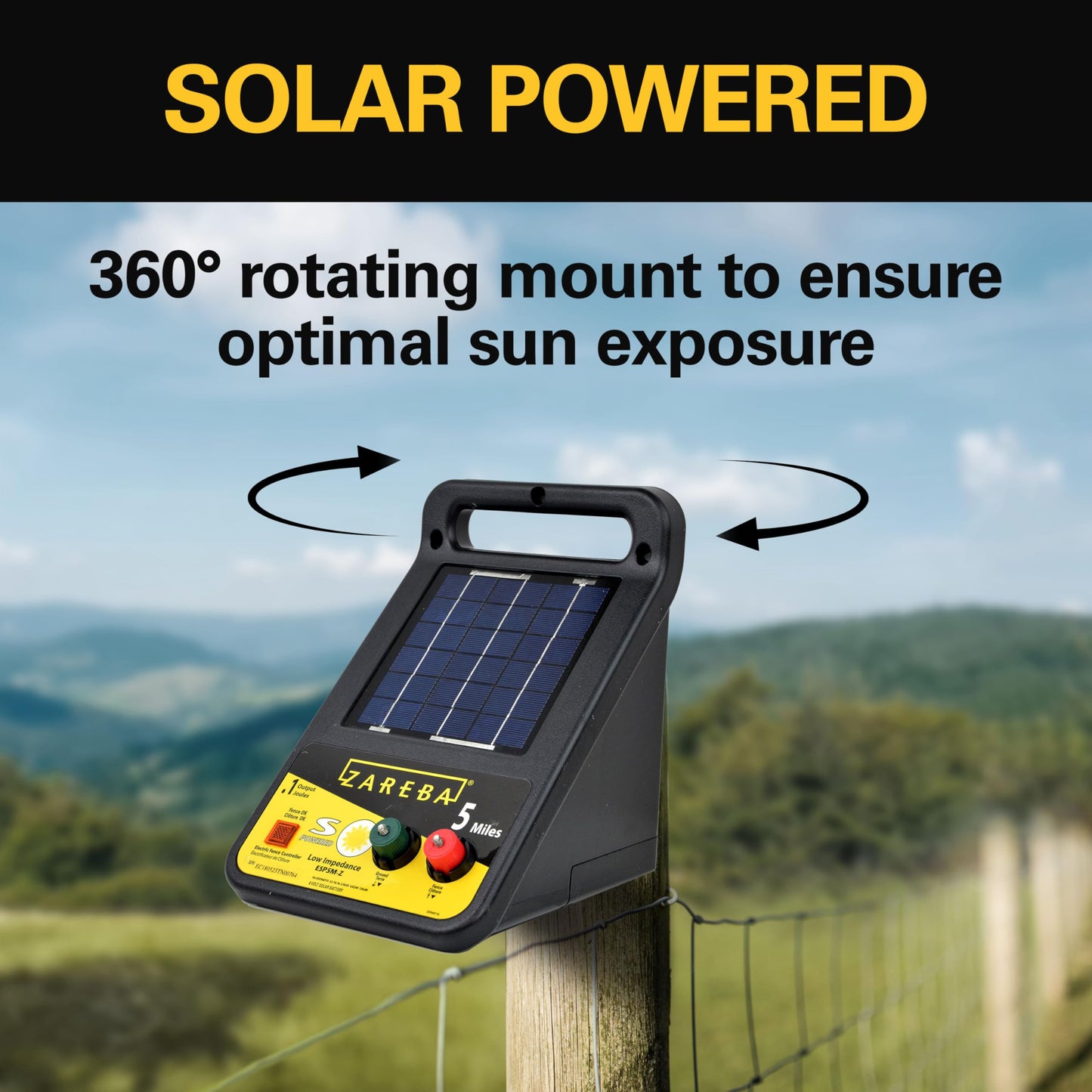 Zareba Solar Electric Fence Charger - 5 Mile Range Low Impedance Energizer with T-Post Mounting Bracket and 360-Degree Rotation, Rotational Grazing Fence Charger for Livestock & Cattle, ESP5M-Z