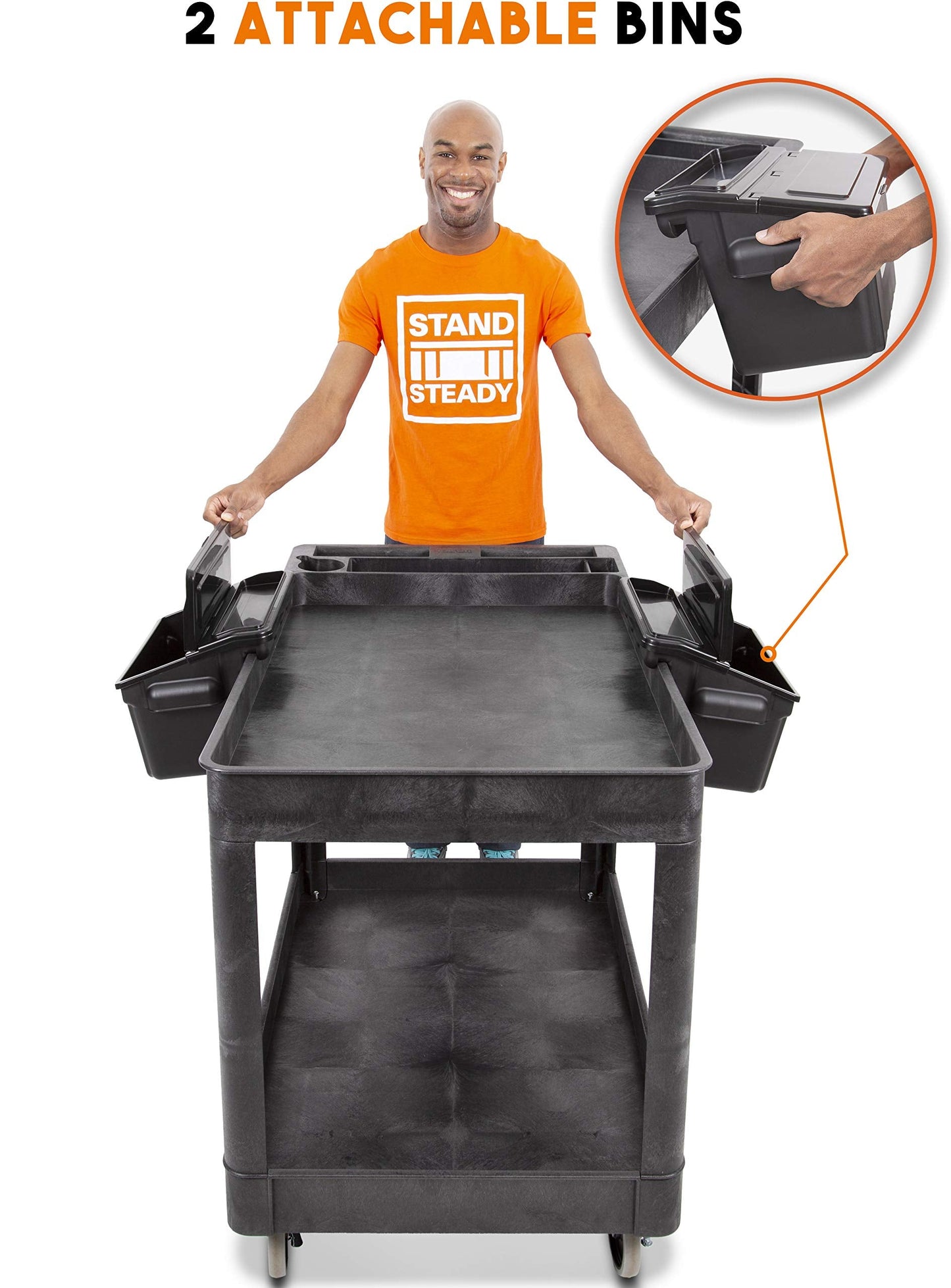 Original Tubstr Extra Large Utility Cart with 2 Attachable Storage Bins - Heavy Duty Tub Cart Supports 500 Pounds - 2 Shelf Huge Rolling Cart - Great for Warehouse, Garage & More (45.5 x 24.5 / Black)