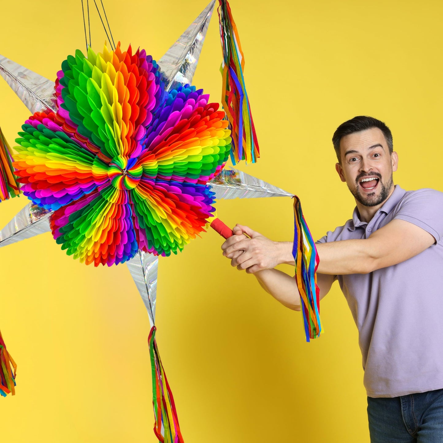 Mexican Pinata – Jumbo 33” Rainbow Piñata with 25-ft Rope Included – Easter Piñata, Pride Pinata, Holds 5 lbs of Candy – TexMex Fun Stuff