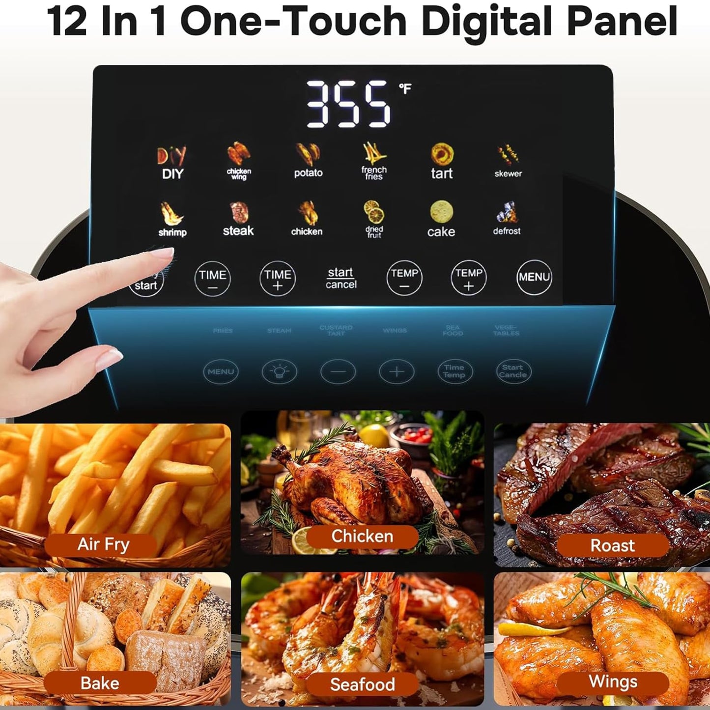 Simple Deluxe 12-in-1 Air Fryer 7.5 Qt, Digital Preset & DIY Function Airfryer with Visible Window, Nonstick and Dishwasher-Safe Basket, Chicken, Fries, Fish, Tart, Cake, DIY, Black