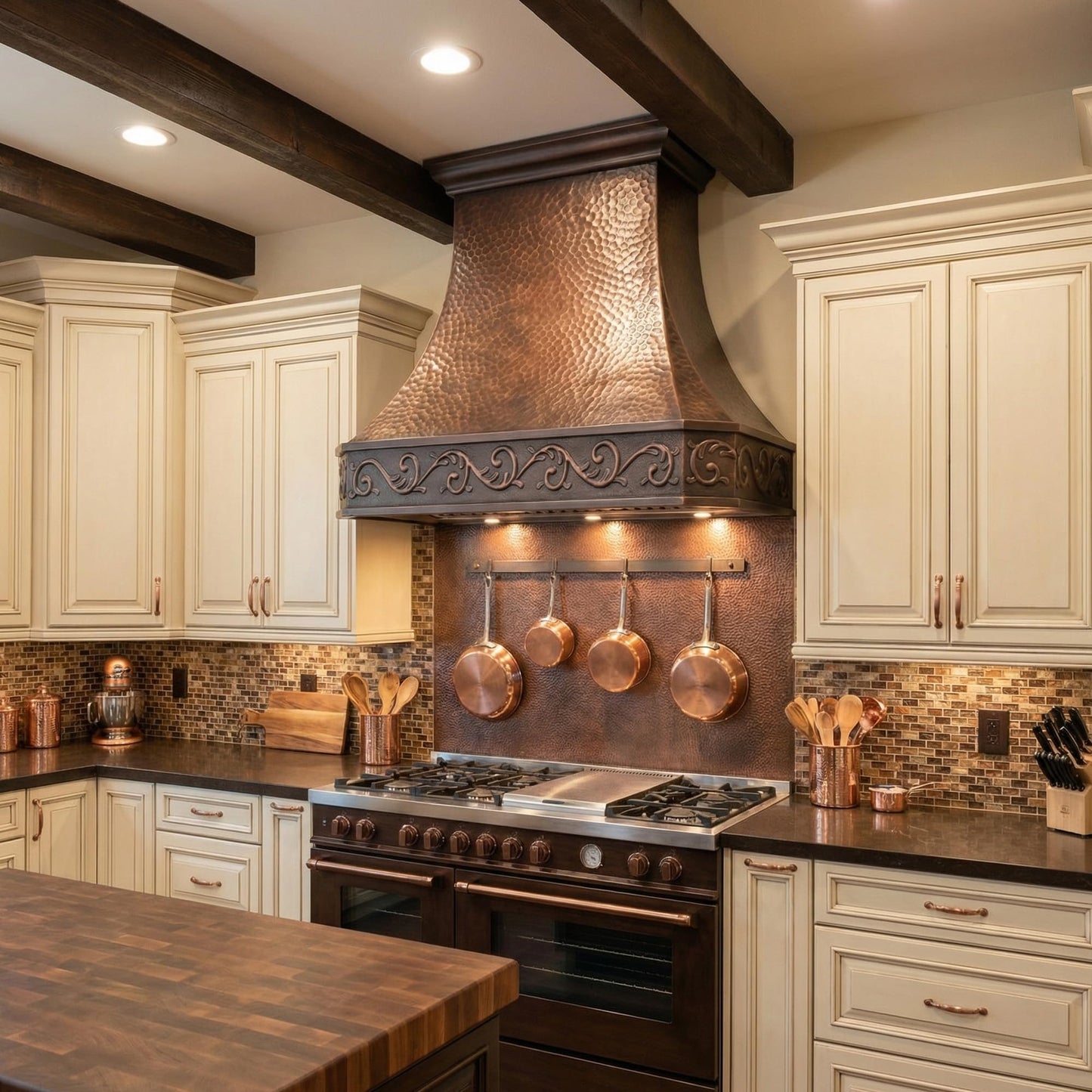 NAUXUS Custom Copper Kitchen Range Hood Cover, Handmade Kitchen Hood with Powerful Range Hood Insert, Classic Stove Vent Hood with Straps & Rivets, HCI00FT#