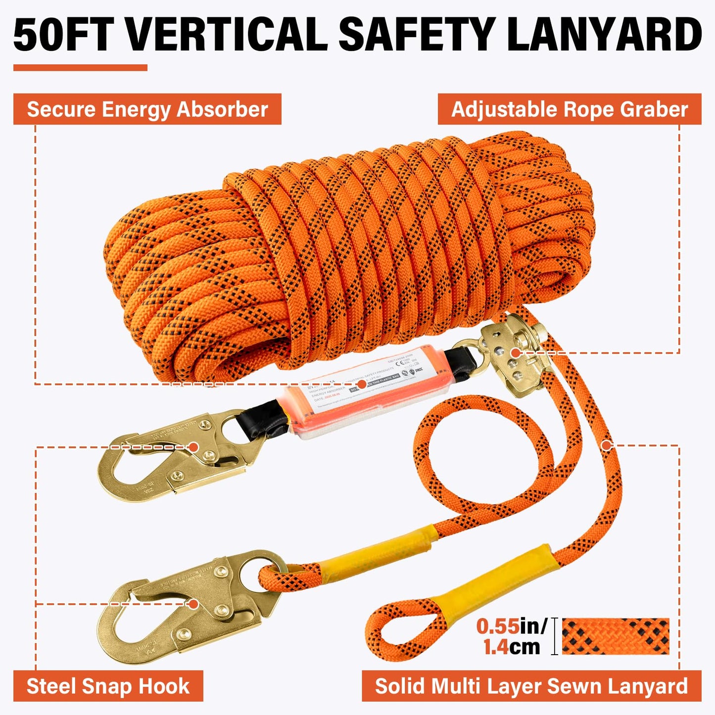 TT TRSMIMA Safety Harness Fall Protection Kit - Roofing Harnesses 50ft Safety Rope Lanyard Kit 5 Gallon Bucket Kit Roof Top Anchor Construction Work 20pcs Nails Included