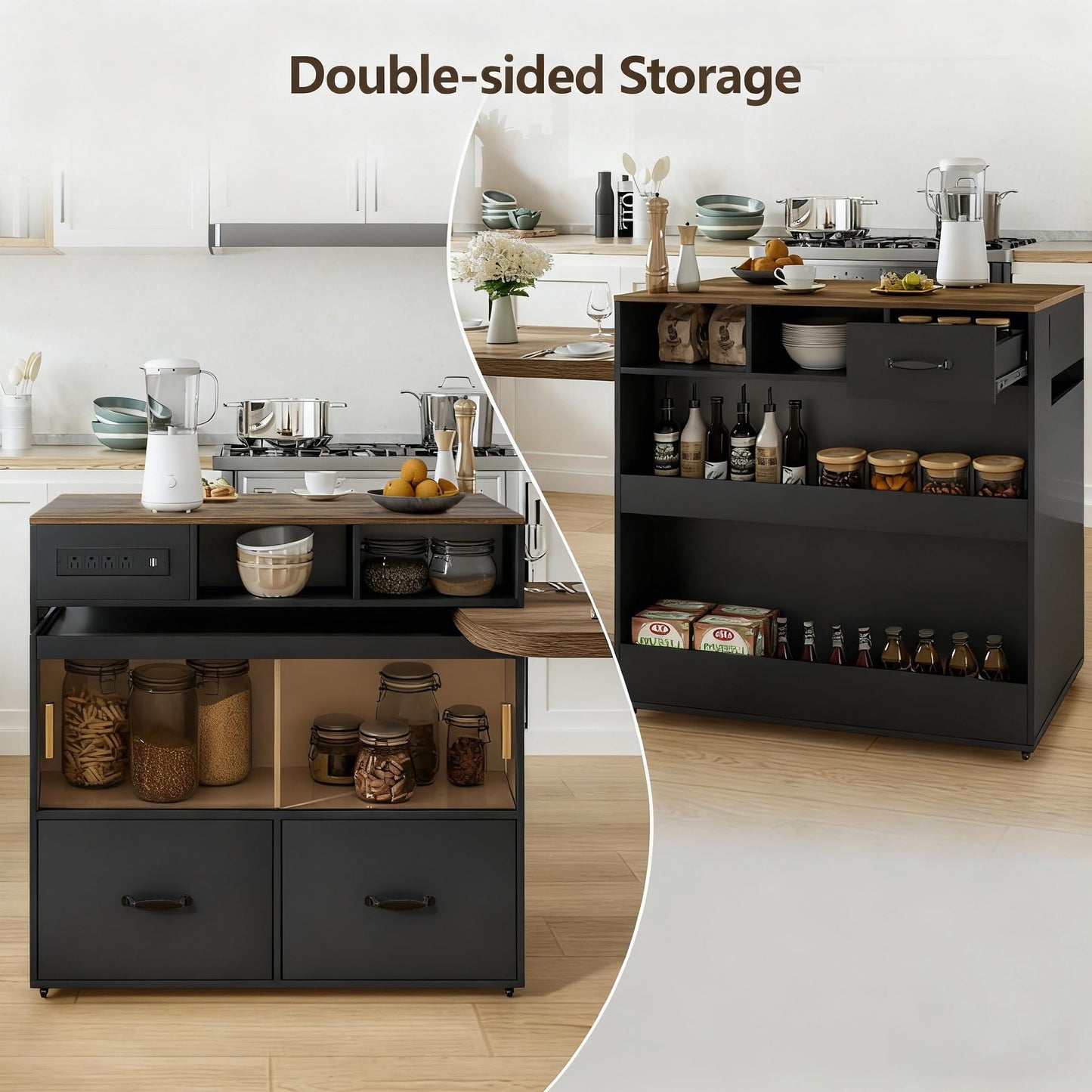 Kitchen Island with Extendable Table,Rolling Kitchen Table with Storage & Seating,Built in Power Outlet, Kitchen Island with Lockable Wheels for Kitchen Island Table with Drawers Rotatable Table Black