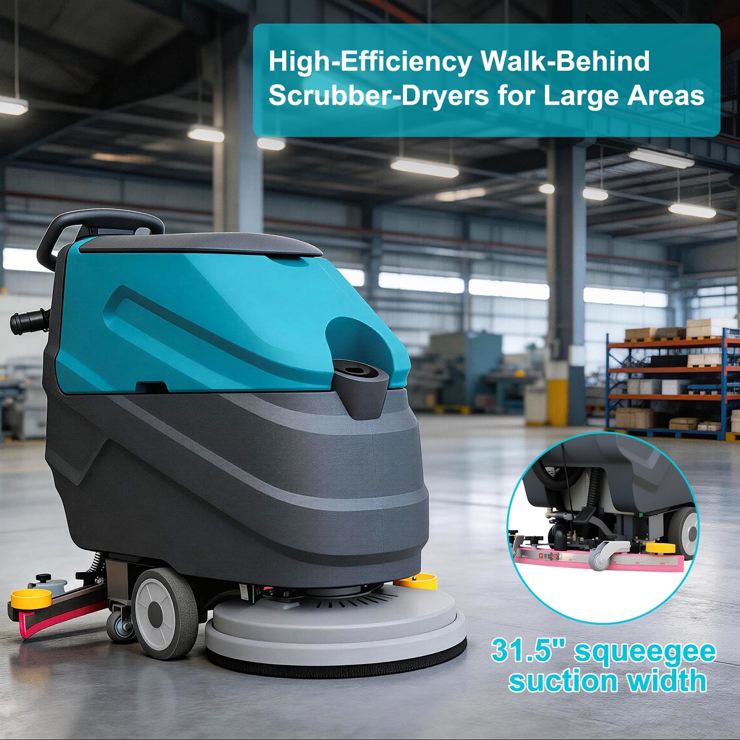 Walk-Behind Commercial Floor Scrubber Polisher Dryer Machine, Cleaning Width 22", Suction Width 31.5", 18.5-gal Sewage Tank, 32000 Sqft/h, Complete Set of Parts, for Hardwood, Tile & Hard Floors