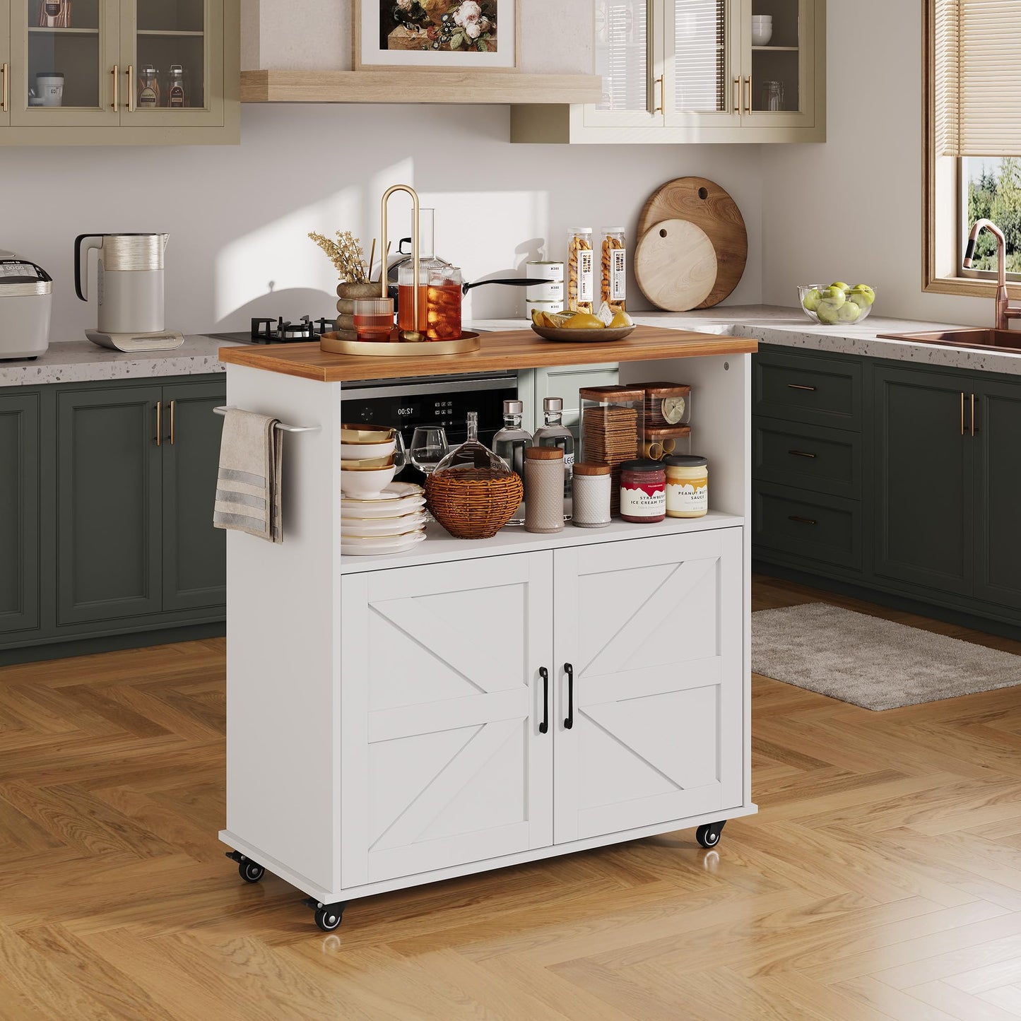 GarveeLife Rolling Kitchen Island with Storage Cabinet, 40.4'' Width Kitchen Cart, Portable Mobile Kitchen Island with Towel Rack, Wood Top and Lockable Wheels for Kitchen, Dining Room
