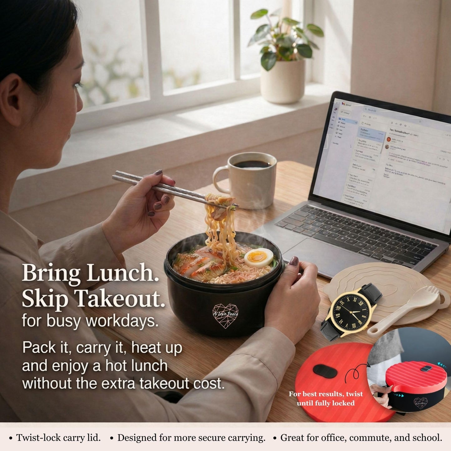 AI LOVE PEACE Microwaveable Ramen Noodle Bowl Cooker 40oz for Ramen, Rice, Pho, Soup, and Pasta, Dishwasher Safe and Portable, Ideal for Home, Office, Dorm, or Gift (Red)