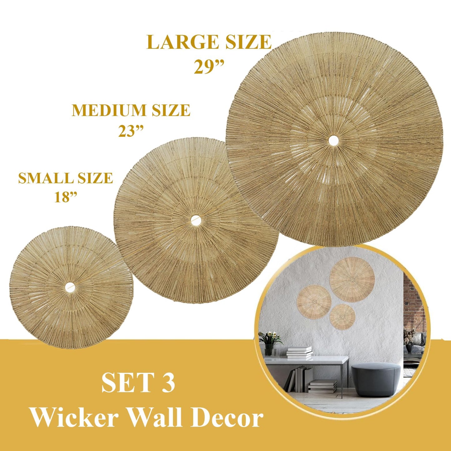 KOLWOVEN 29 Inch Wicker Wall Decor, Set of 3 Wall Basket Decor Diameter 29",23",18",Woven Wall Decor, Boho Above Bed for Bedroom, Living Room or Dining Room (Set 3)