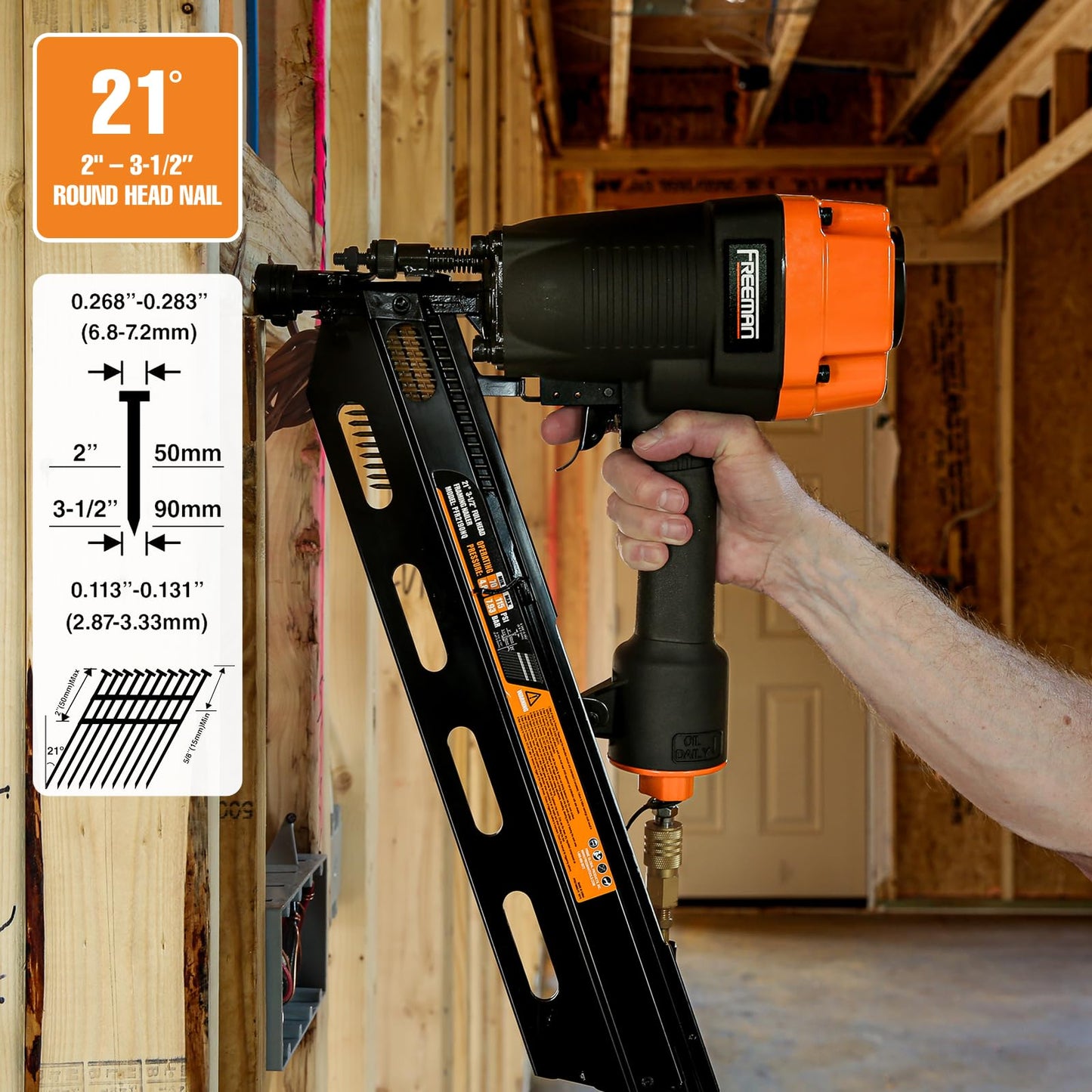 Freeman Pneumatic 21 Degree Framing Nailer with Nails | 2" – 3-1/2” Full Round Head Nails | Anti-Dry-Fire, Dual Trigger, Depth Adjust, and Comfort Grip | PFR2190NQ