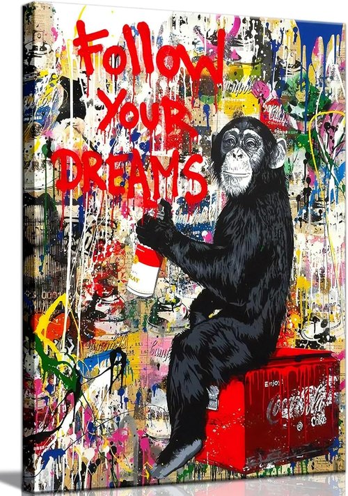 Banksy Canvas Art - Inspirational Graffiti Monkey Wall Decor | Framed 24"x16" for Living Room & Office