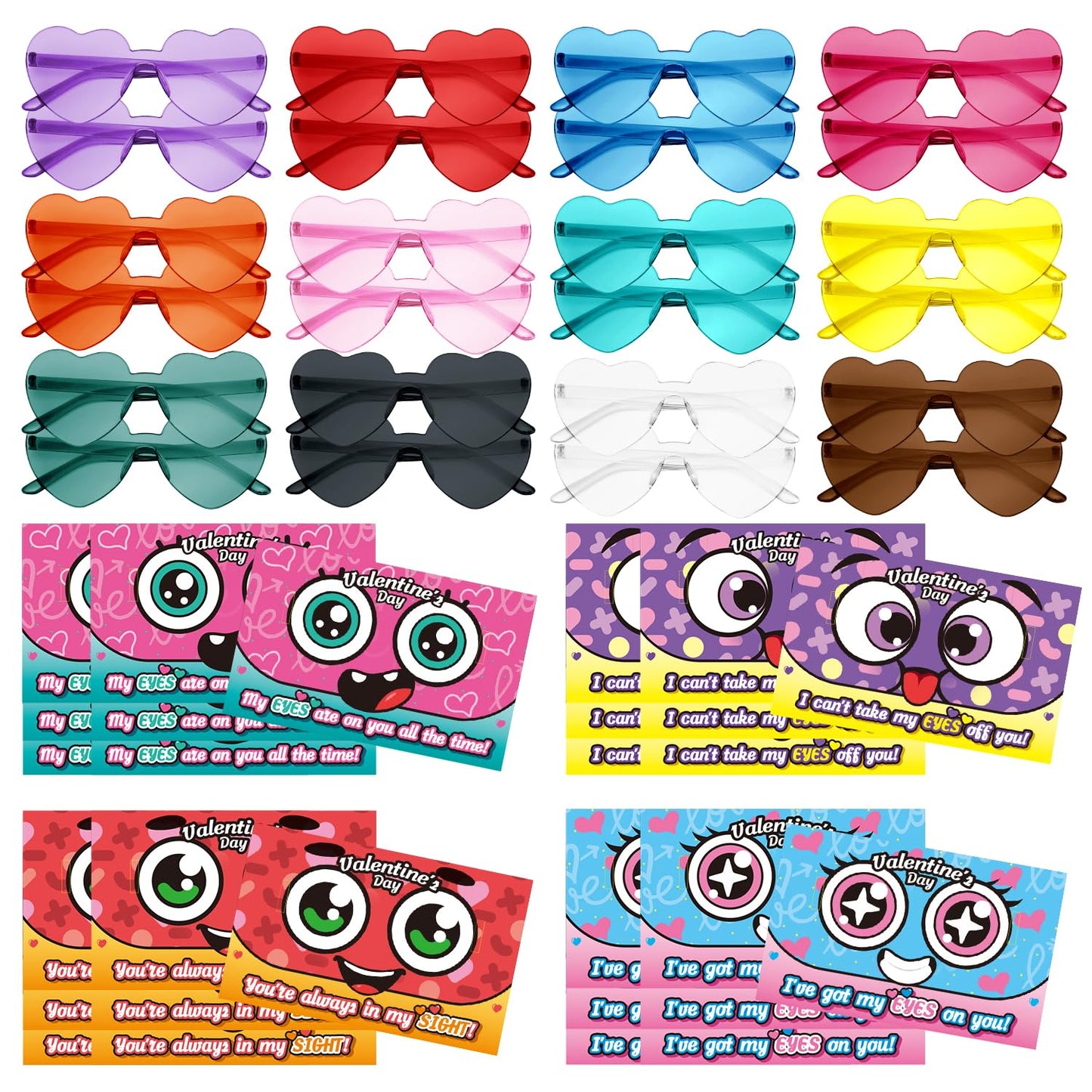 PARSUP 28 Pcs Valentine's Day Greeting Cards with Heart Shape Glasses - Plastic Eyeglass Case Filler Toys Party Favor Supplies Gfit Bag Stuffer for Valentines Day Classroom Exchange Gifts