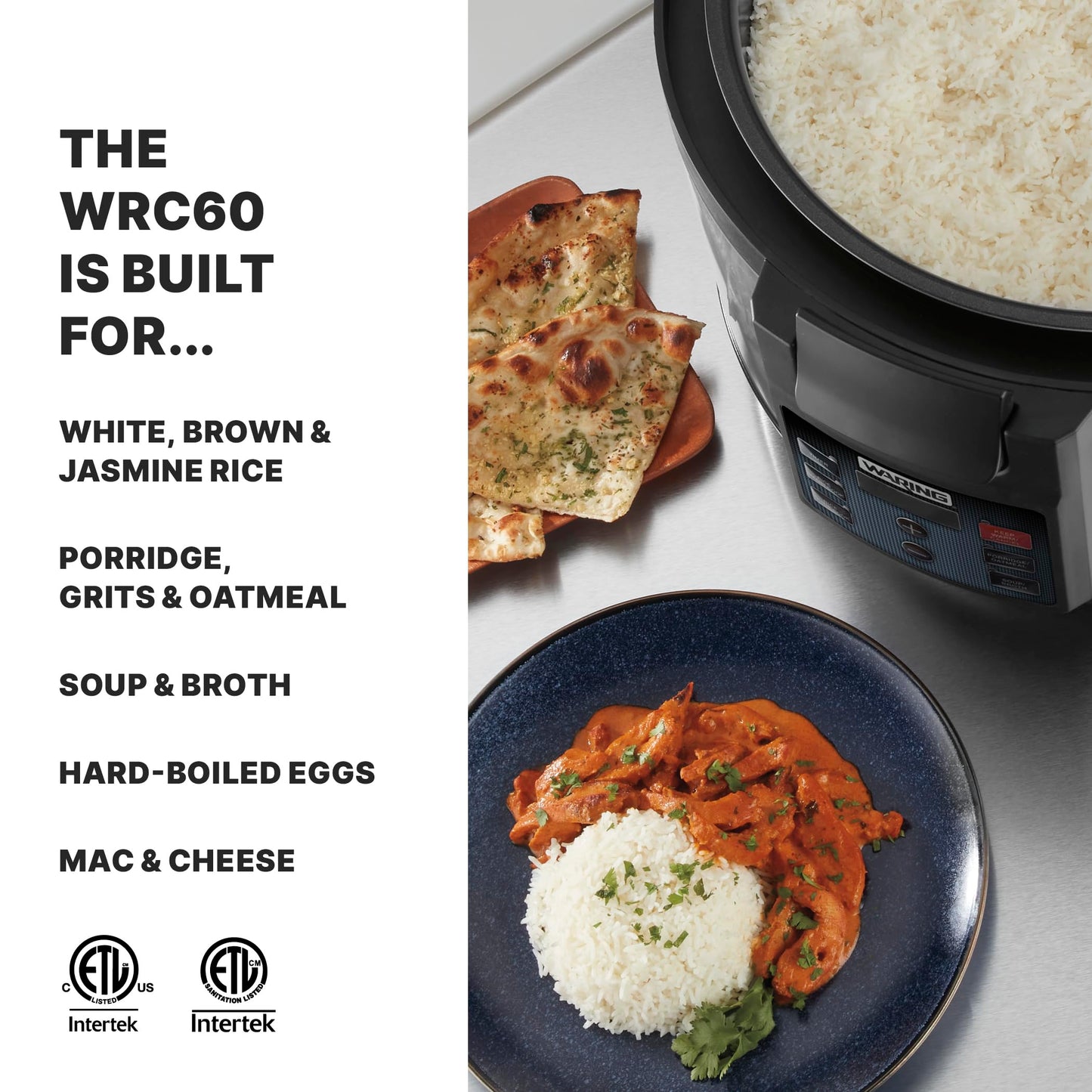 Waring Commercial Rice Cooker, 60-Cup Cooked (30-Cup Raw) Capacity, PFAS-Free Ceramic Inner Pot, Keeps Warm for 8 Hours, Double-Wall Stainless Steel Construction, Restaurants & Catering, WRC60