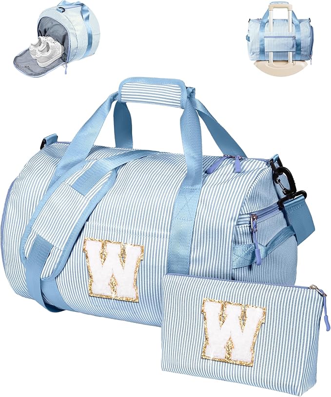 Girl's Fashion Stuff, Girl Gym Bag, Kids Initial Overnight Duffel Bags with Shoe Compartment, Personalized Travel Bag with Makeup Pouch, Gift Ideas for Niece Sister (Letter W)