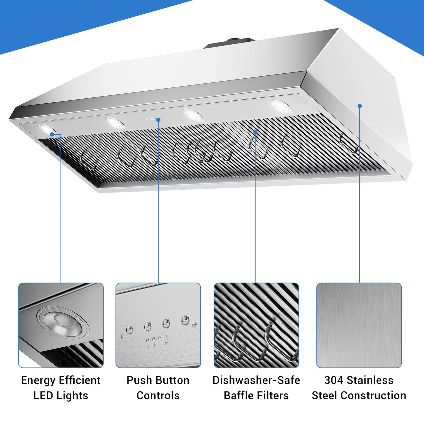 60-inch Range Hood Insert, CT Copper Tailor Built-In Vent Hood Ducted with 4-Speed Fan, 1260 CFM, LED Light, Dishwasher-safe Baffle Filter, in Stainless Steel