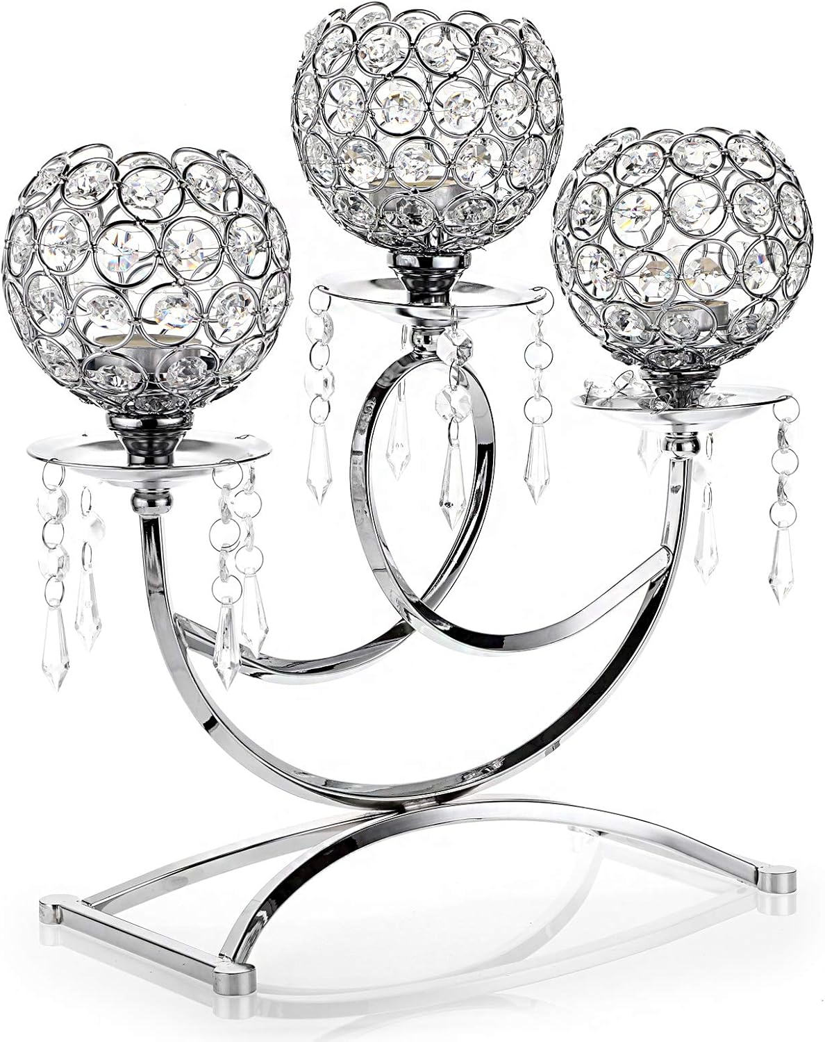 OwnMy Crystal Candle Holders - Elegant 3-Arms Tealight Candelabra for Weddings & Home Decor | Silver