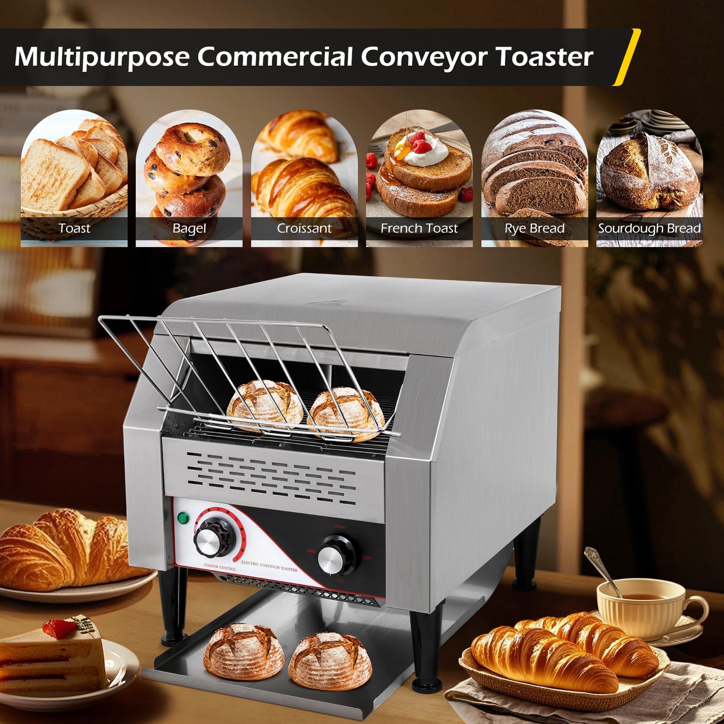 Dyna-Living Commercial Toaster 300 Slices/Hour Conveyor Toaster Commercial 1900W Heavy-duty Stainless Steel Rotating Toasters Oven for Restaurant, Conveyor Belt Toasters for Bun, Bagel, Bread