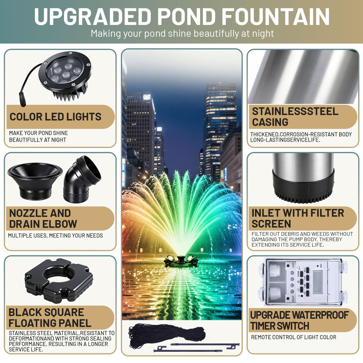 Pond Fountain Aerator with Lights,with 4 RGB Lights,1HP 750W 110V,Stainless Steel Floating Pond Fountain with 100FT Power Cord,Timer,Fixed Nails and Ropes,Pond Fountains for Small Large Ponds,Lakes