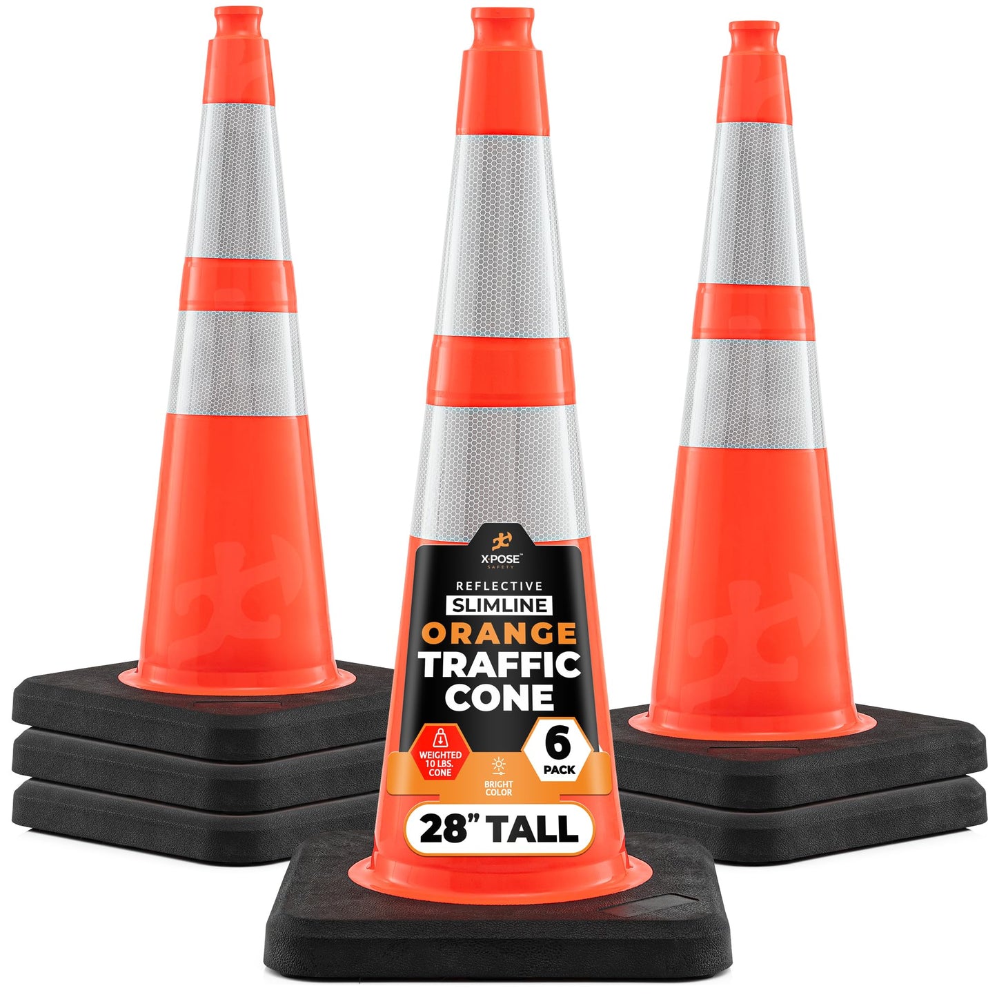 Xpose Safety 28 Inch Orange Slim Line Traffic Cones Heavy Duty 10lb with 6" & 4" Collars, 6 Pack Multipurpose PVC Plastic Safety Cone for Parking, Soccer, Caution, Kids & Construction - DOT Approved