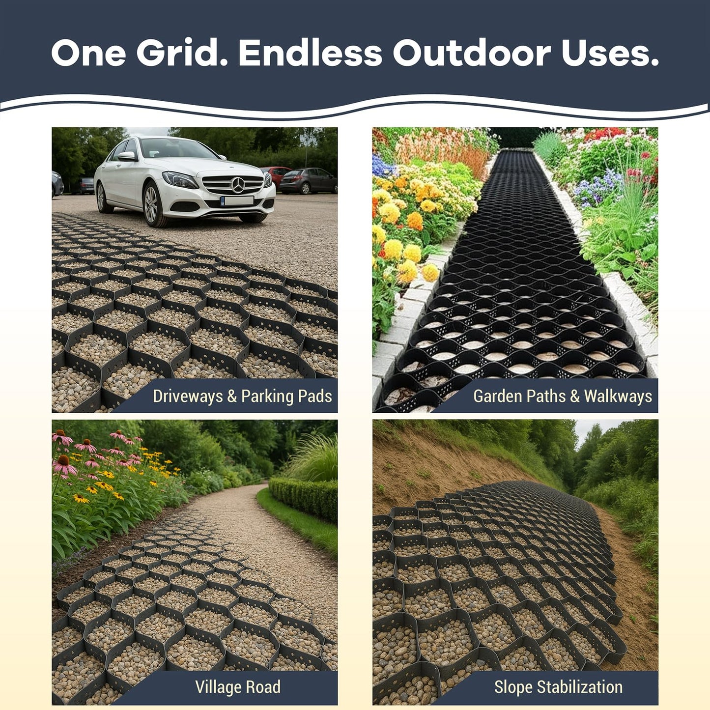 40FT Gravel Grid for Driveway –HDPE Geocell Ground Stabilizer, 1990 lbs/sq ft Load for Parking Pad, Sloped Yard & Paths – DIY Installation with 32 Stakes&40 Fasteners, Proper Base Preparation Required