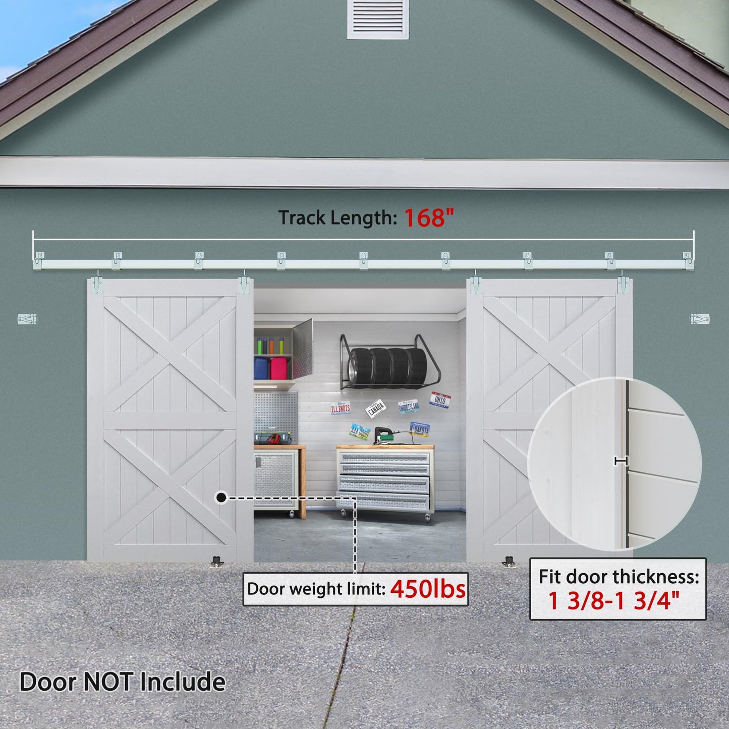 Exterior Barn Door Hardware Kit, BARNSMITH 14FT Sliding Barn Door Hardware Heavy Duty Doors Track Kit for Double Doors Use, Wall Mount, Silver (Hardware Only)