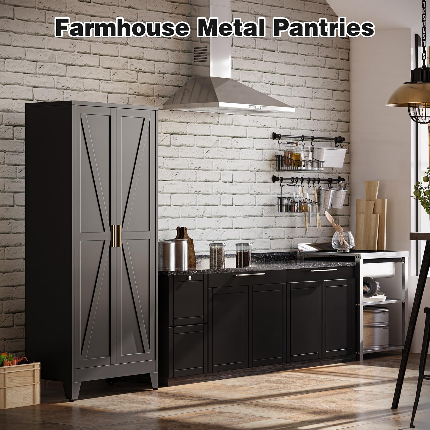 Bevivog 71" Kitchen Pantry Cabinet, Metal Storage Cabinet with 2 Doors and 4 Adjustable Shelves, Farmhouse Tall Metal Pantries Cabinets Storage for Kitchen, Home Office
