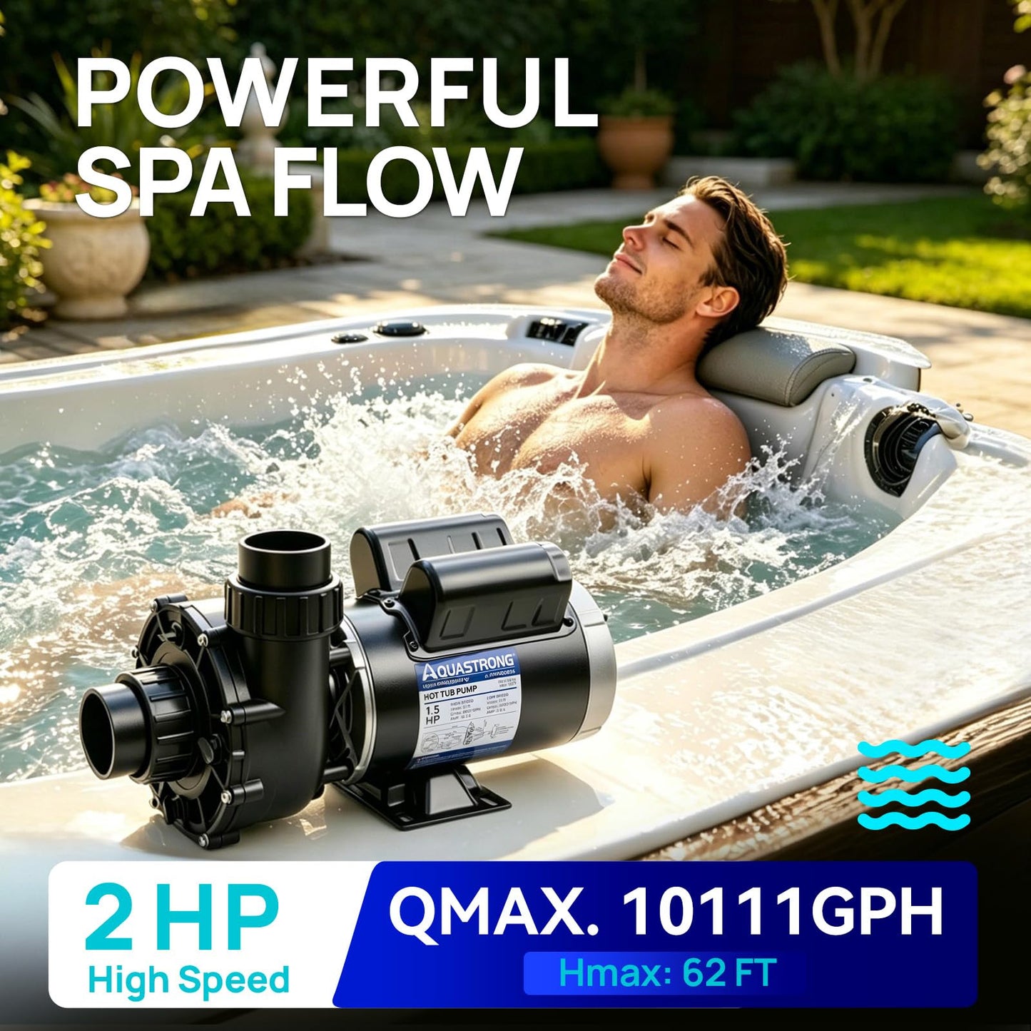 Aquastrong SPA Pump, Dual Speed Hot Tub Pump, Pure Copper Motor, Low Noise, Easy Installation with 1.5" & 2" Adapters, 90° Rotating Inlet & Outlet, Compatible with Hot Tubs & Spa Systems, Matte Black