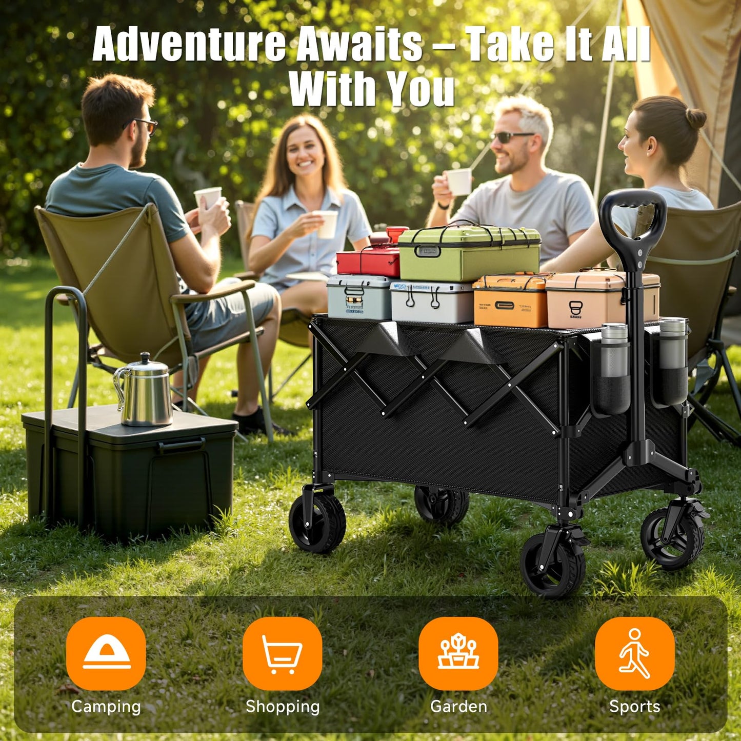 Collapsible Wagon Cart, 480lbs Heavy Duty Beach Wagon with All-Terrain Universal Wheels & Adjustable Handle, Portable Utility Wagons Carts for Camping, Garden, Grocery, Fishing & Sports