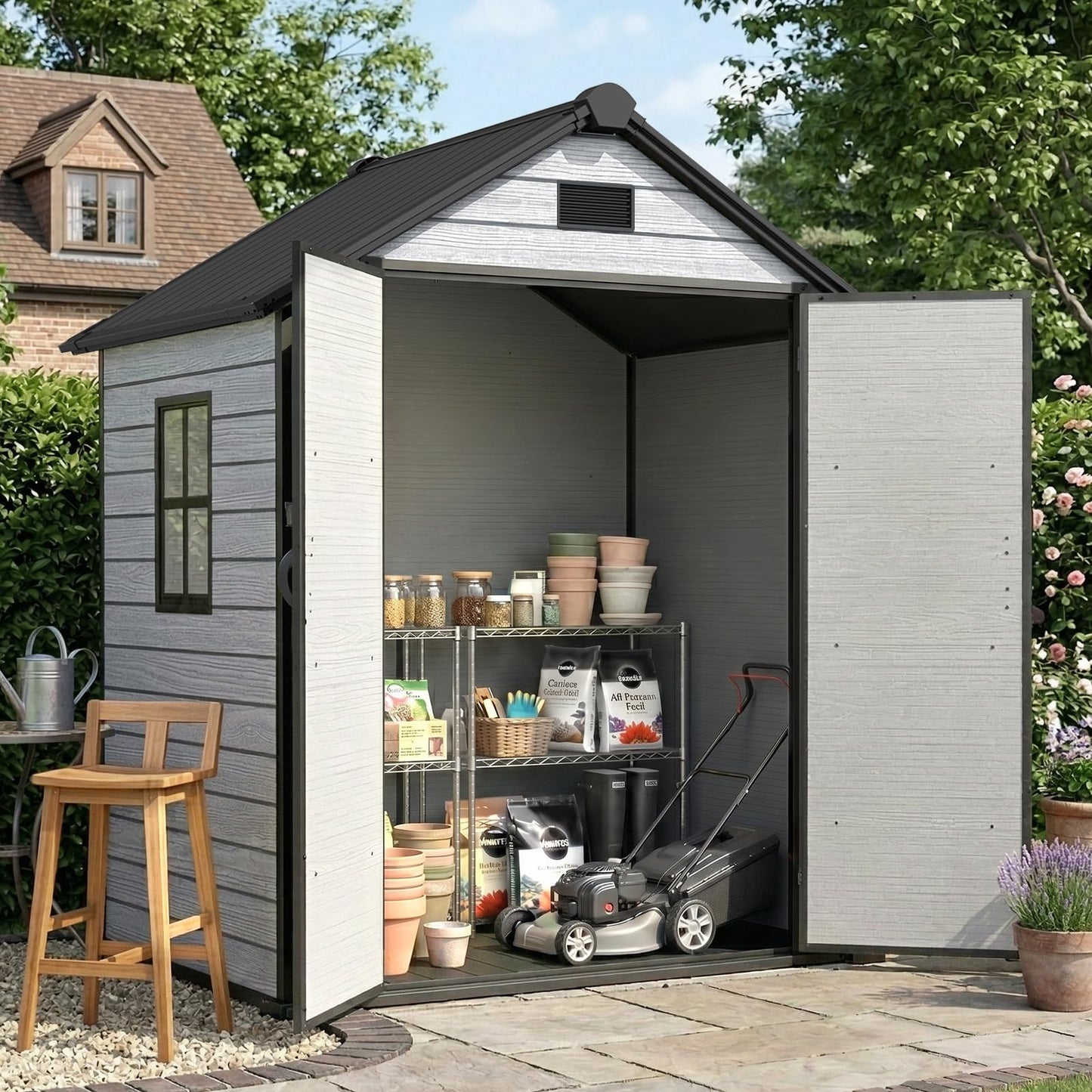 EHHLY 6x4.4 FT Outdoor Storage Shed with Floor, Durable 16mm Resin Shed for Backyard & Patio, Waterproof Lockable Tool Shed with Window & Vents for Bikes, Lawn Equipment & Garden Tools, Gray