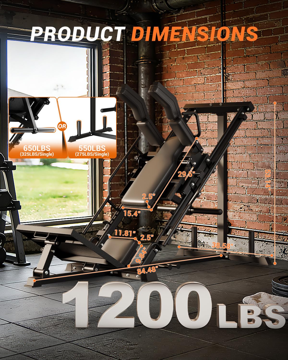 2-in-1 Leg Press & Hack Squat Machine, Linear Bearing Smooth Track, Fits 1" & 2" Weight Plates, 1200LB Capacity, 4-Position Safety Stops, Quick-Change Footplate, Plate Storage (Weights Not Included)
