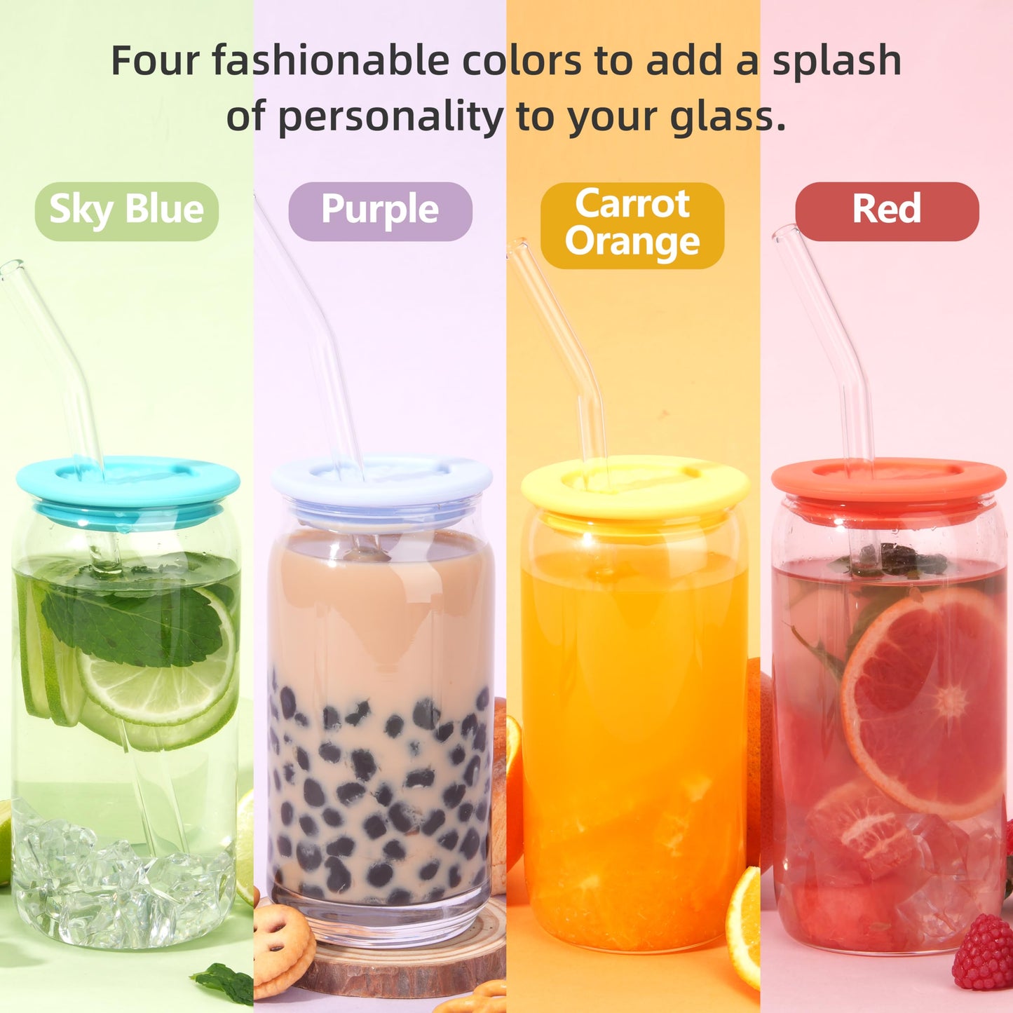 4 Pcs Silicone Lids Fit for Netany 16OZ Drinking Glass Cups with a diameter of 2.3"/58 mm, Replacement Lids for Beer Can Cups, Reusable Covers with Straw Hole for Glass Cups with Bamboo Lids
