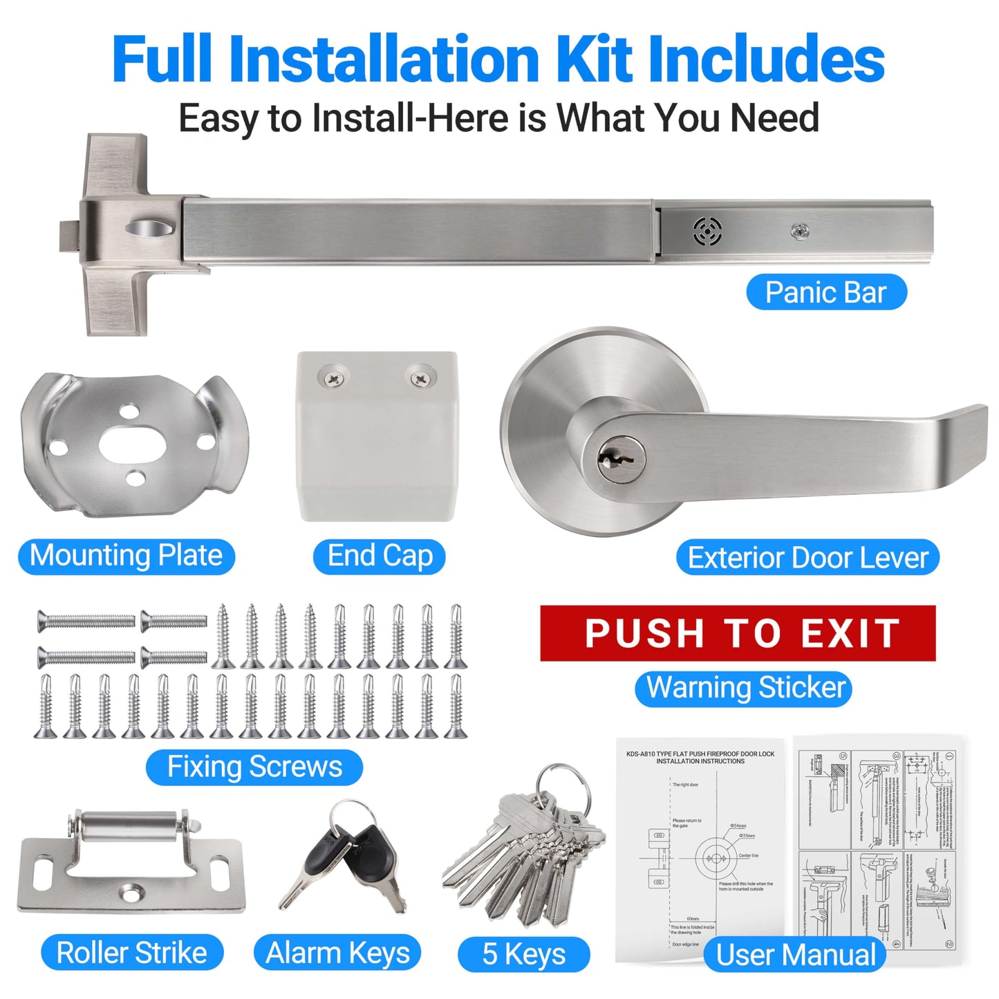Polar Tangro Commercial Door Push Panic Bar, 31’’ Exit Alarm Device Panic Bars with Exterior Lever Handle, Stainless Steel Panic Bars with 3 Keys for Emergency Exit, Suitable for Metal, Wood Doors