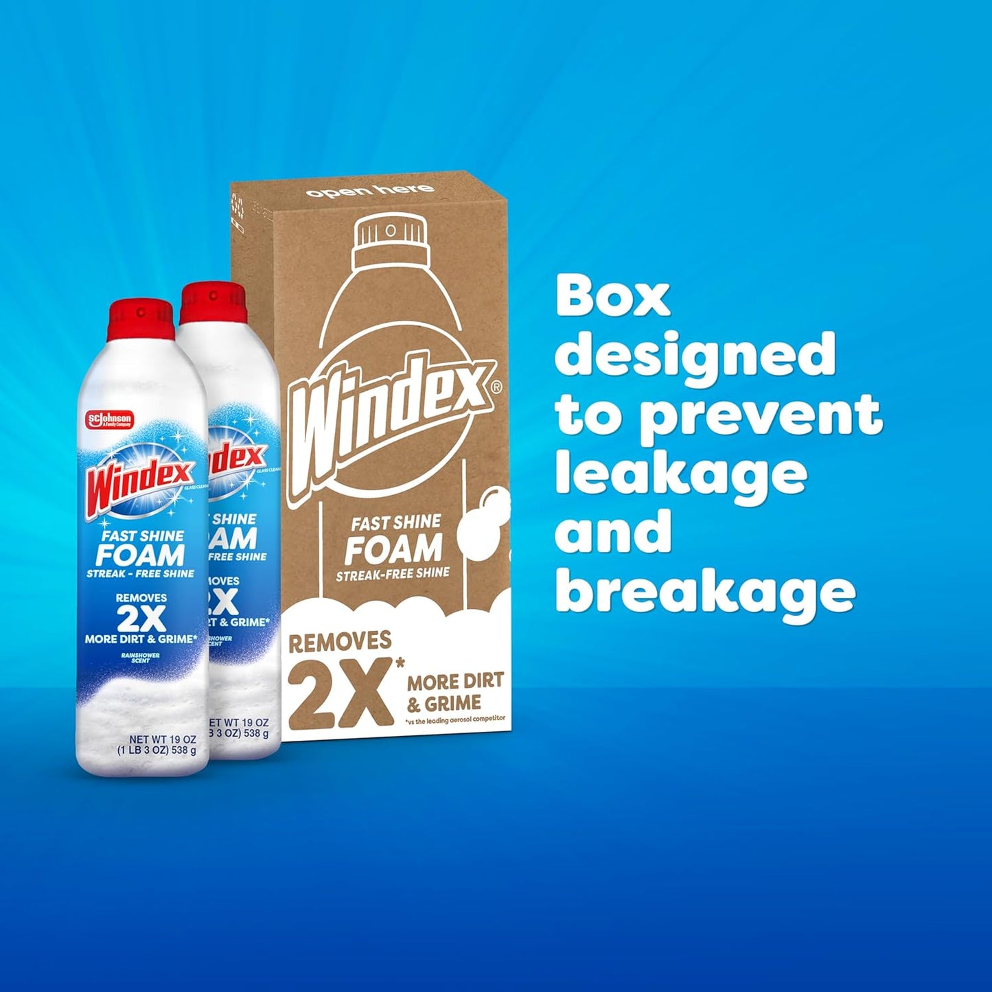 Windex Fast Shine Foam Glass Cleaner - Streak-Free Aerosol Spray for Windows & Mirrors | 19 oz (Pack of 2)