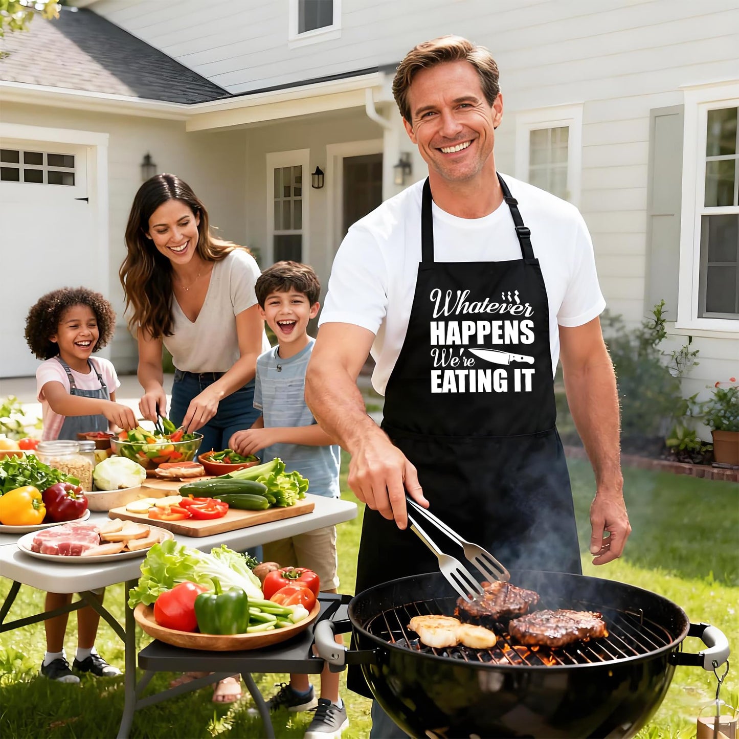 Kaidouma Funny Grill Aprons for Men - Whatever Happens We’re Eating It - Men‘s Funny Kitchen Chef Cooking Grilling BBQ Aprons with 2 Pockets - Father’s Day Birthday Christmas Gifts for Dad, Husband