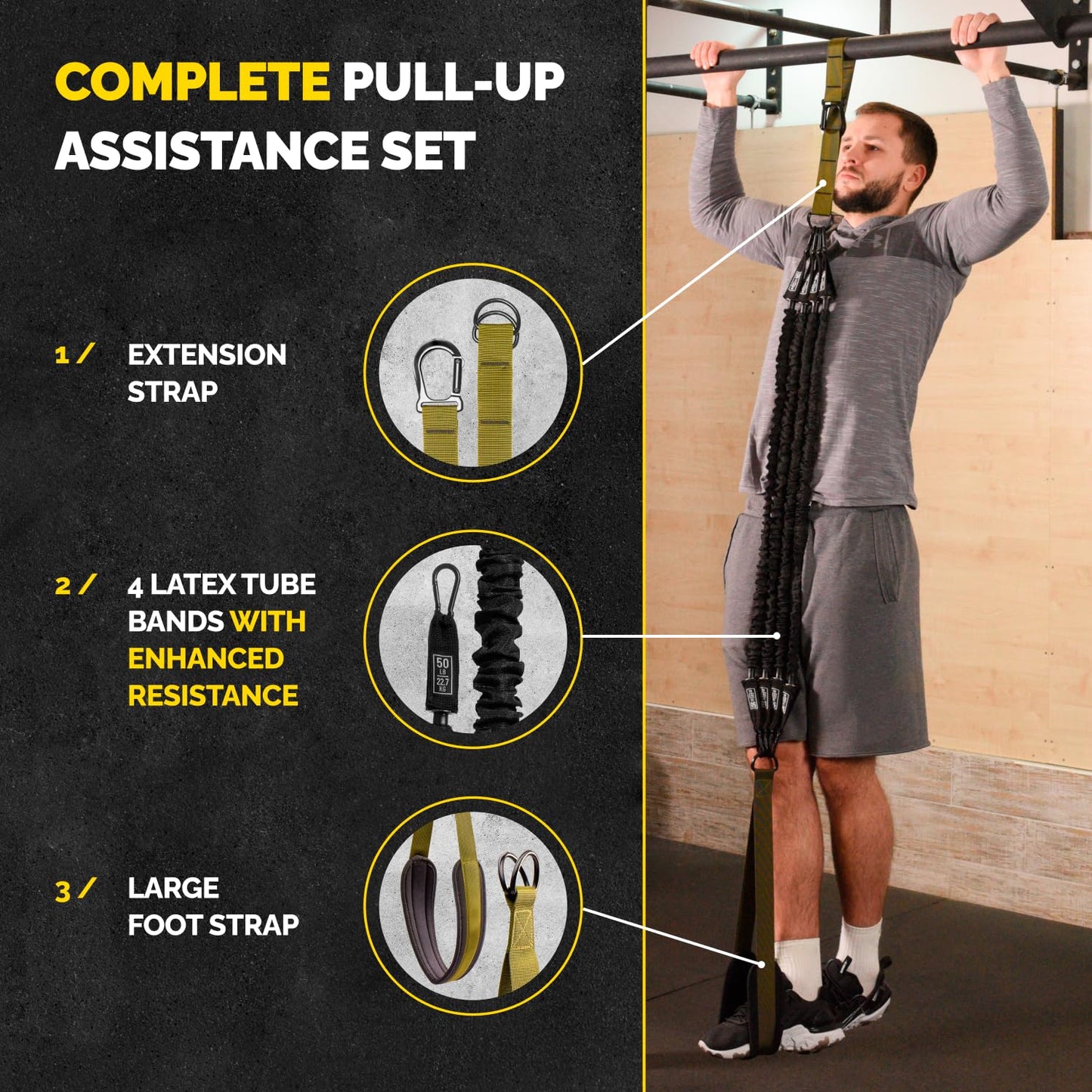 Pull Up Assistance Bands Set - 4 Heavy-Duty Pull Up Bands, Height Adjustable Strap & Comfortable Foot Strap - Stackable Pull Up Resistance Bands for Pull Ups (Military Green)