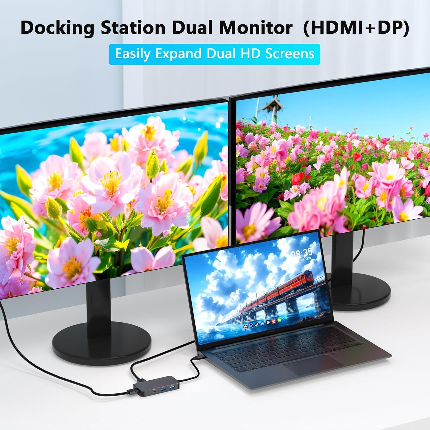 Buerlaseul 4K@60Hz 7 1 USB3.0/USB-C HDMI Display Port USB C Docking Station Dual Monitor for Dell/HP/Mac Laptop, in USB