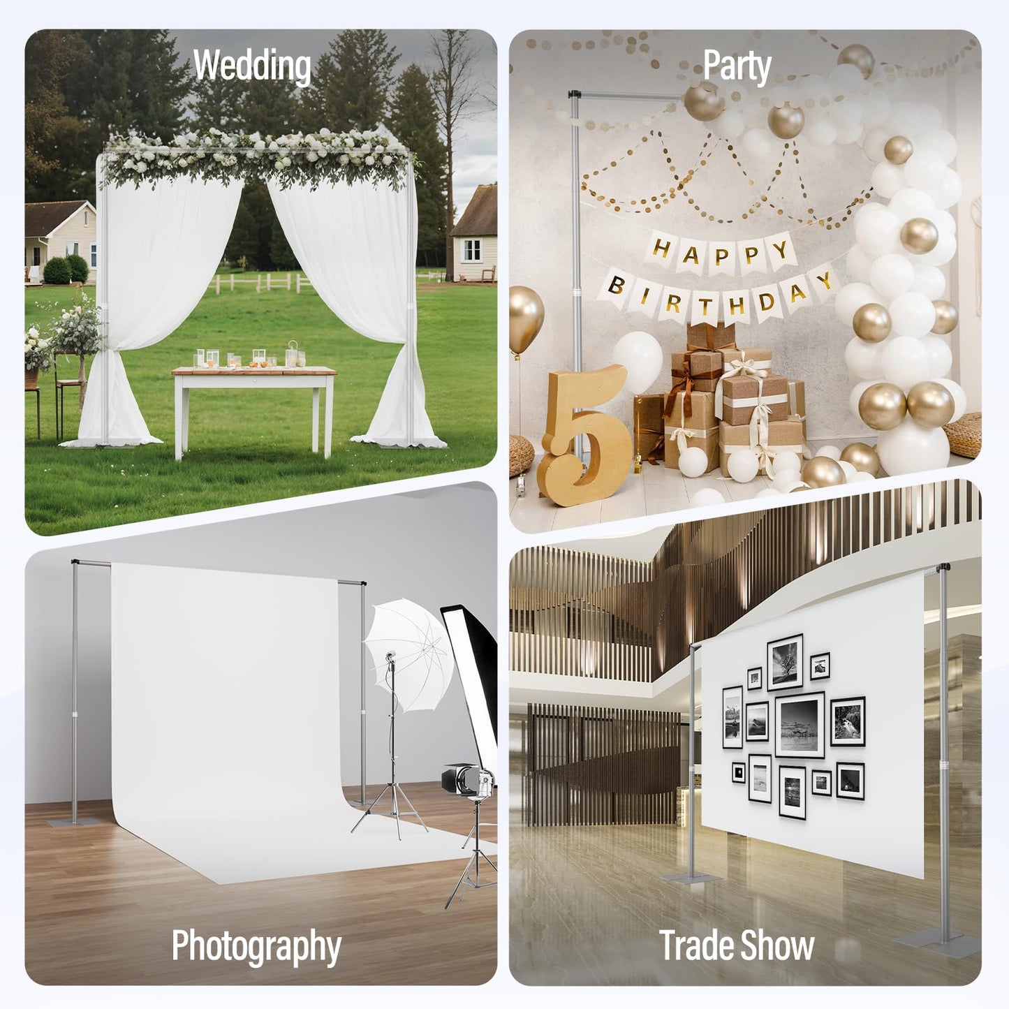 EMART Heavy Duty Backdrop Stand, 10x12Ft Adjustable Pipe and Drape kit with 9.26 LBS Steel Flat Base, Sturdy Metal Diy Photo Background Frame for Parties, Events, Wedding, Photography - Silver