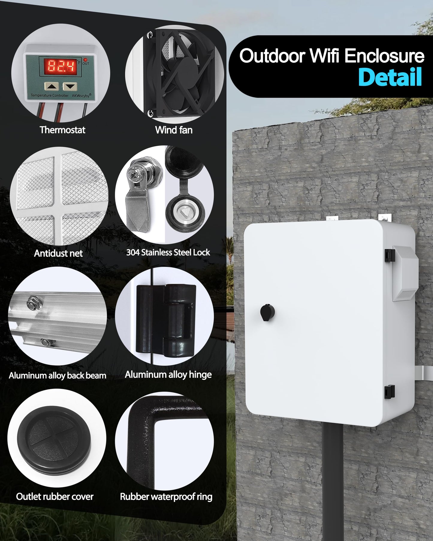 Akwscyby Outdoor Electrical Box with Thermostat and Fan, Precise Temperature Control 0.1°F, IP65 Water Resistant Rating, Galvanized Steel, Aluminum Rear Beam(19.7" x 17.7" x 7.9")