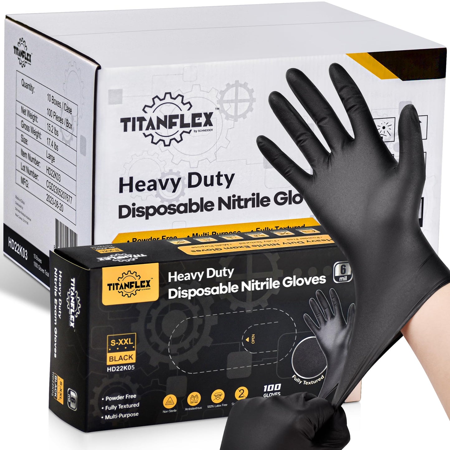TitanFlex Heavy Duty Black Nitrile Gloves, 6-mil, Fully Textured, XXL 1000-ct Box, Mechanic Disposable Gloves, Work Gloves, Latex Free, Powder Free, Rubber Gloves for Food Prep