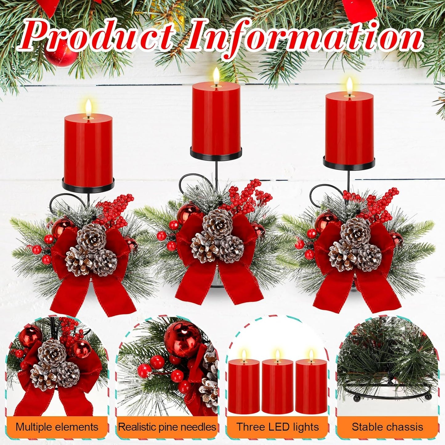 Yunlly Christmas Candle Holder Set - 3 LED Battery-Operated Poinsettia Centerpieces for Home Decor