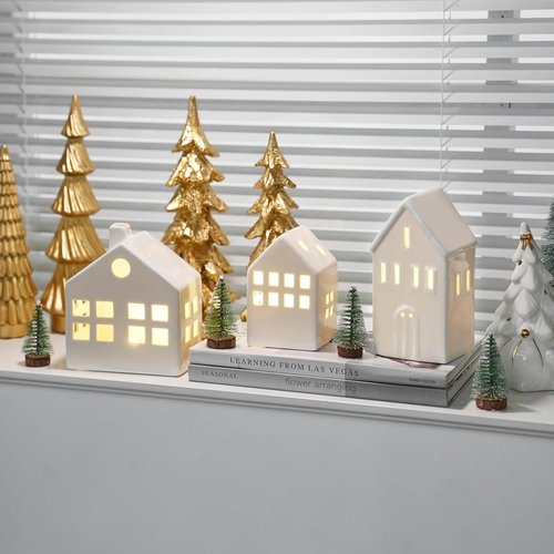 Ceramic Christmas Village Houses - 3-Piece Light-Up Set with Trees | Winter Holiday Home Decor