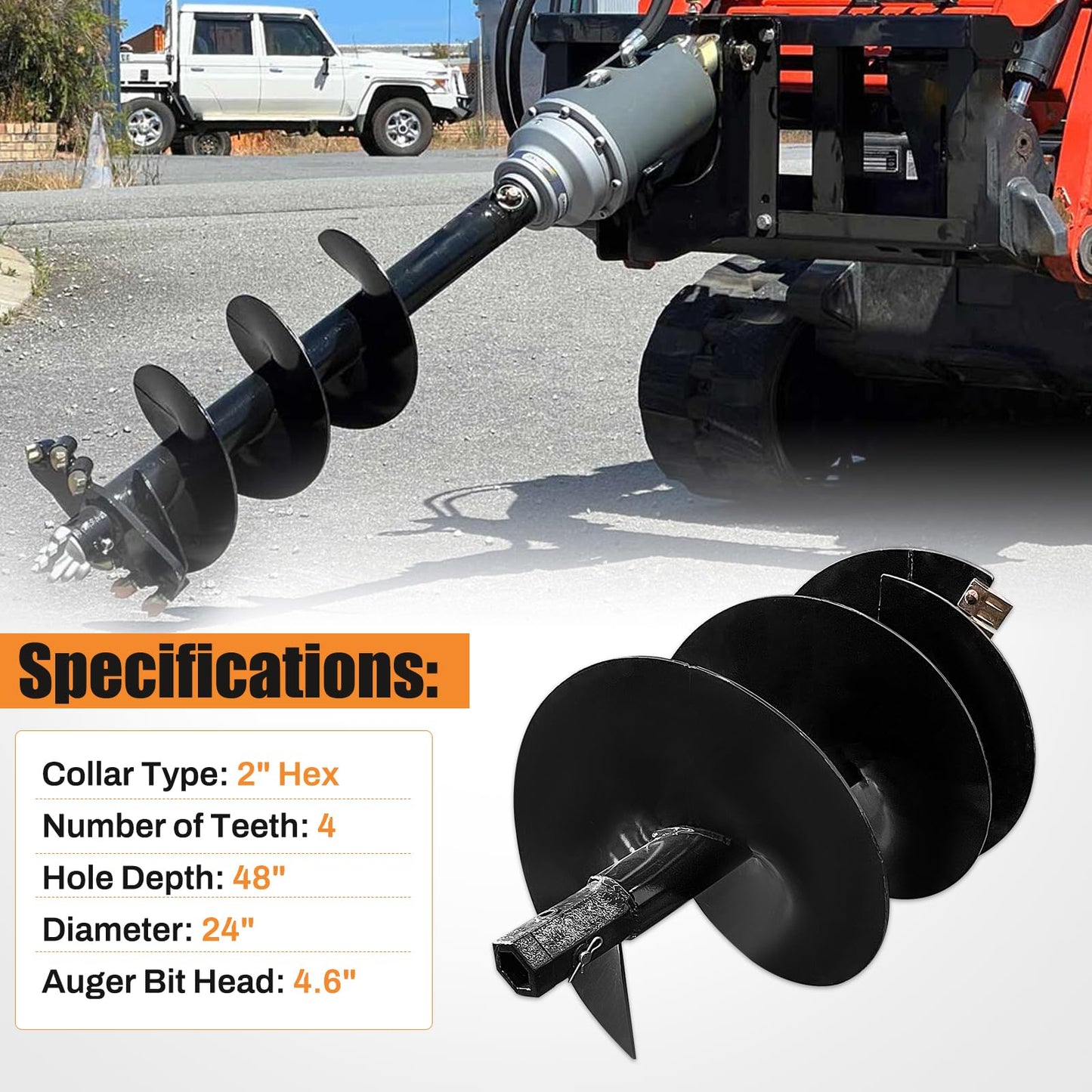Dewinston 24" Heavy Duty Auger Bit for Skid Steer Tractor Post Hole Digger, 2" Hex Connect Adapter, 4ft Long, 4 Teeth