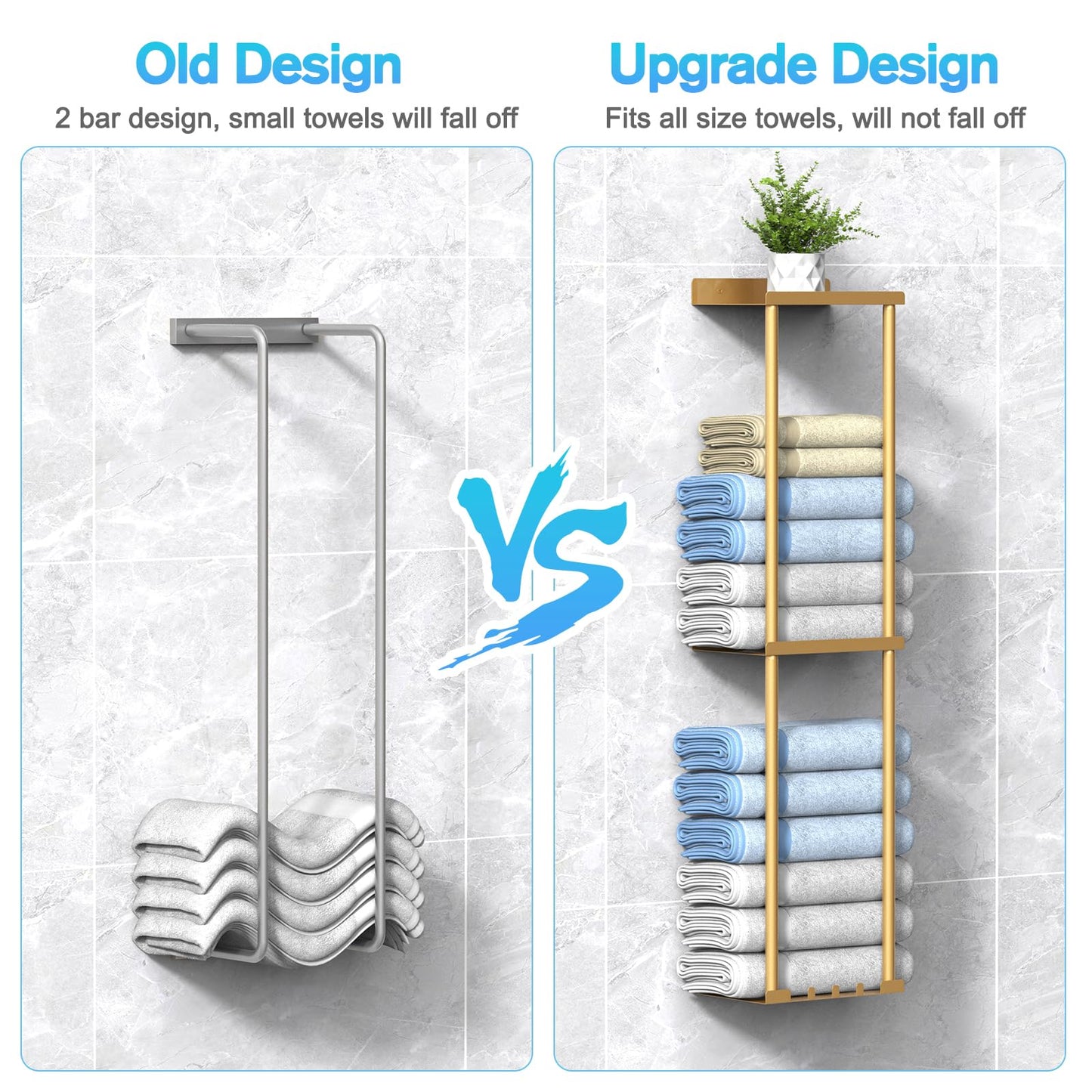 Liuoud Towel Rack for Bathroom, Wall Mounted Vertical Rolled Towel Storage Organizer Holder with Shelf, Holds Up 6 Large Bath Sheets, Gold