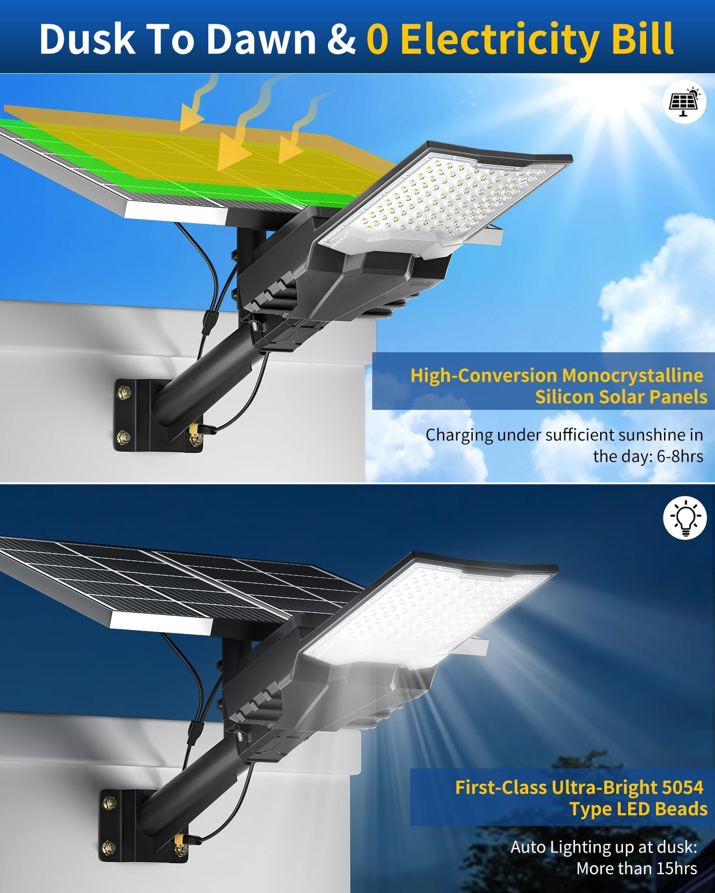 Gefolly SL-18000W Solar Street Lights Outdoor, Commercial Parking Lot Light Dusk to Dawn IP67 Waterproof 6500K Security Flood Lights Lamp for Yard, Road, Basketball Courts