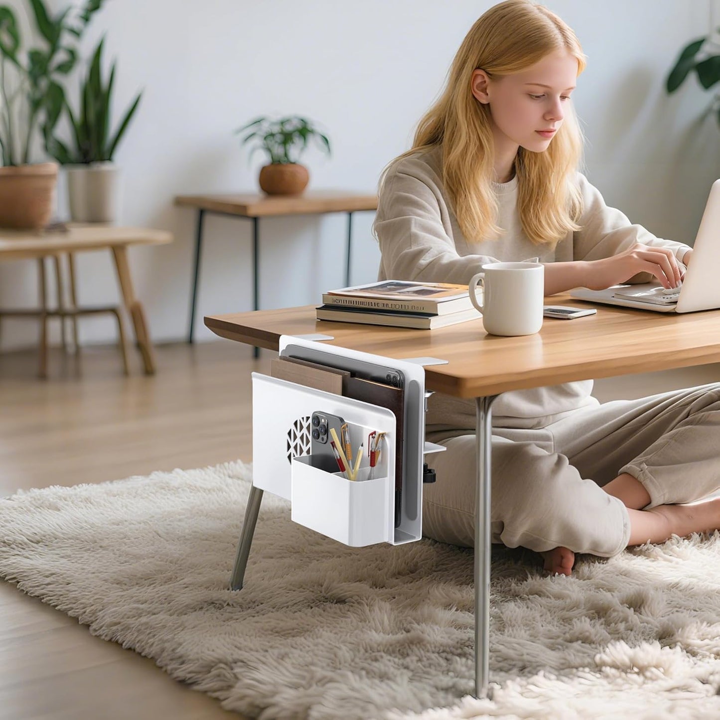 Josmimic Desk Side Storage, Metal Laptop Holder with Magnetic Pen Box, Clamp-On Under Desk Organizer with Cooling Holes