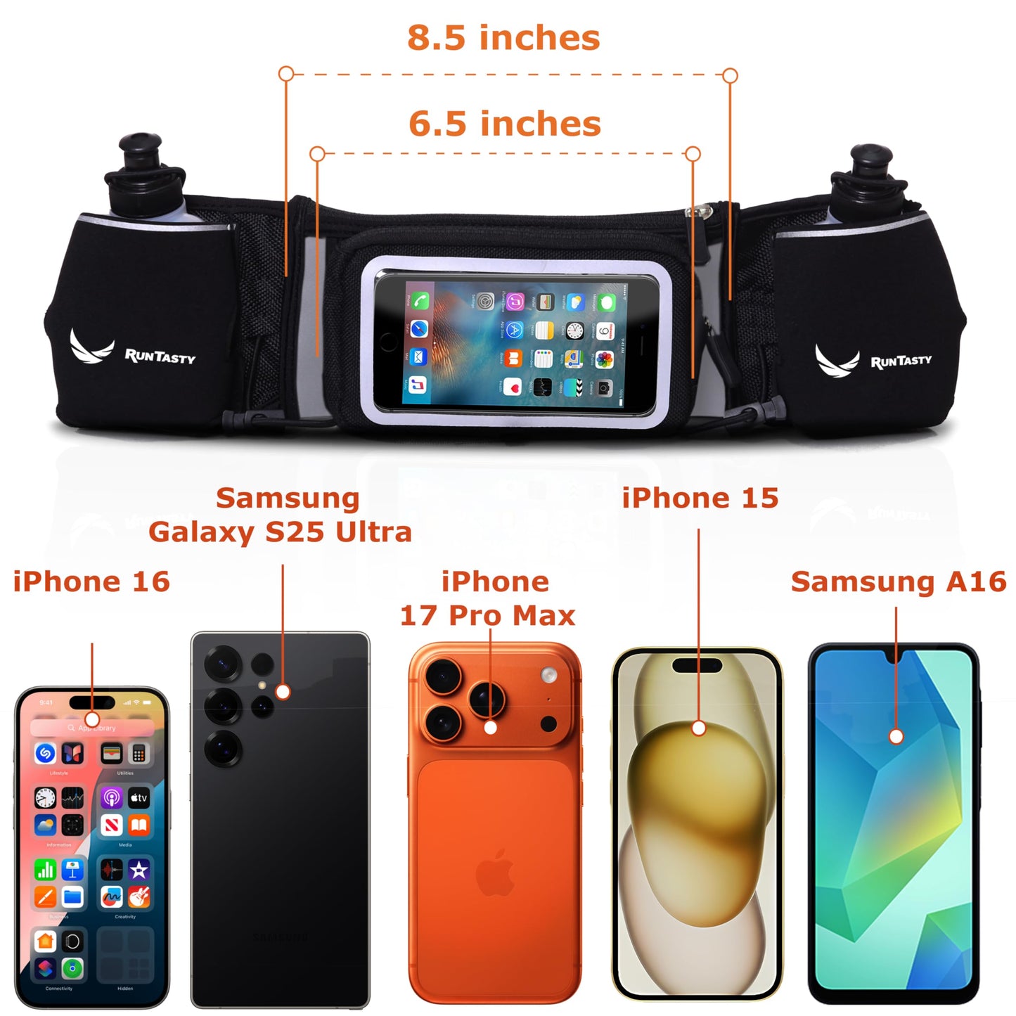 Runtasty Premium Hydration Running Belt with 2 BPA-Free 10oz Water Bottles – For Men & Women, Bounce-Free Fit, Water-Resistant Zippered Storage & Clear Tilt-Up Phone Pocket, Jogging & Marathon Ready