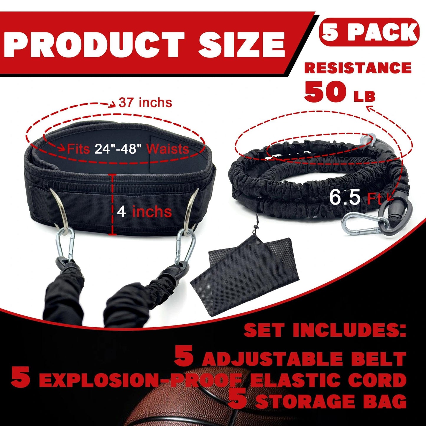 OKQX 5-Pack Zone Defense Resistance Band Kit, Basketball & Volleyball Agility Training Belt Kit – Resistance Band Speed & Coordination Trainer with Adjustable Waist Strap, Black