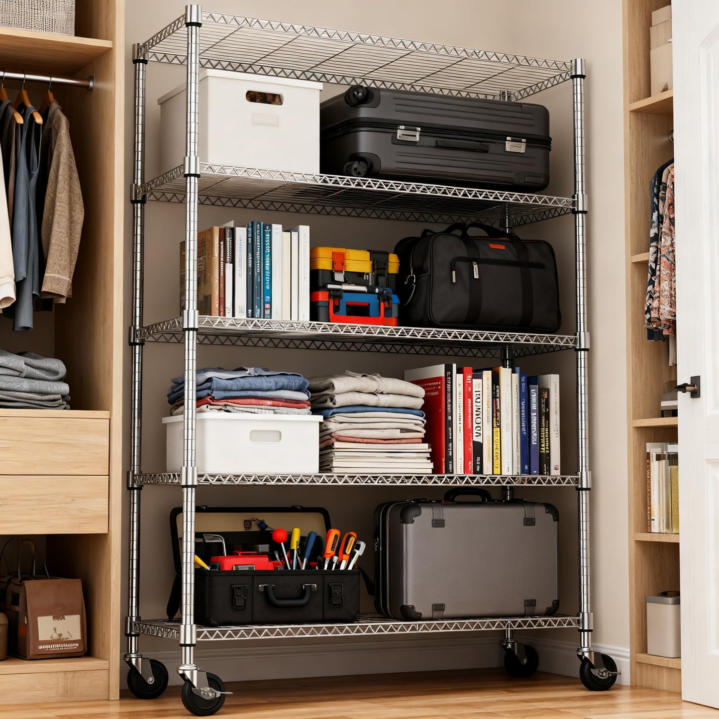M MZG 1750LBS 47.2" W 5 Tiers Storage Shelves Metal Shelving Unit with Wheels Heavy Duty Garage Shelving Adjustable Wire Shelves for Pantry,Kitchen,Garage,Basement,Chrome 17.7" D x 47.2" W x 76.8" H