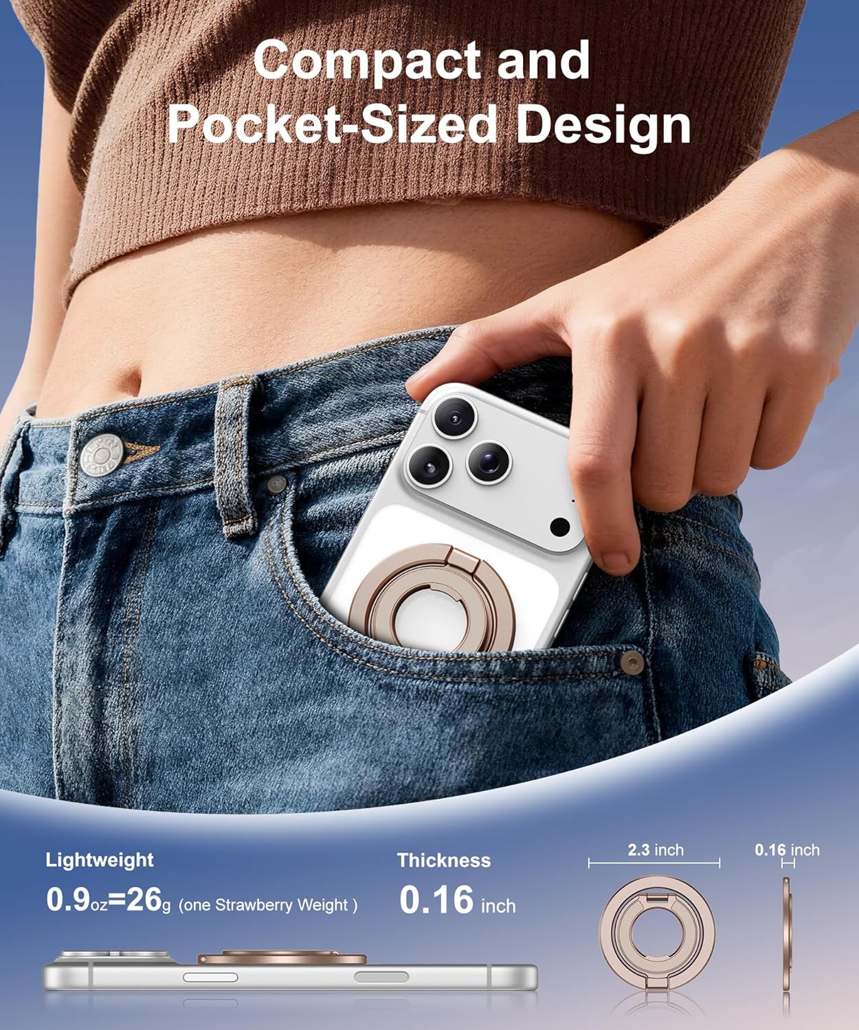 CAPRARO 360 17/16/15/14/15 Magnetic Phone Ring Holder for MagSafe, Dual-Side Magnetics, Rotation Gym Phone Stand Grip