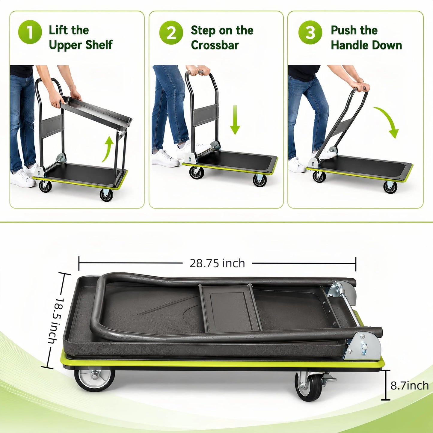 Amarite 2 Tier Platform Truck 700lbs Heavy Duty Push Cart Dolly with 360° Swivel Wheels, Foldable Rolling Flatbed Cart with Detachable Top Shelf for Warehouse and Office, Steel, 28.8" L x 18.5" W